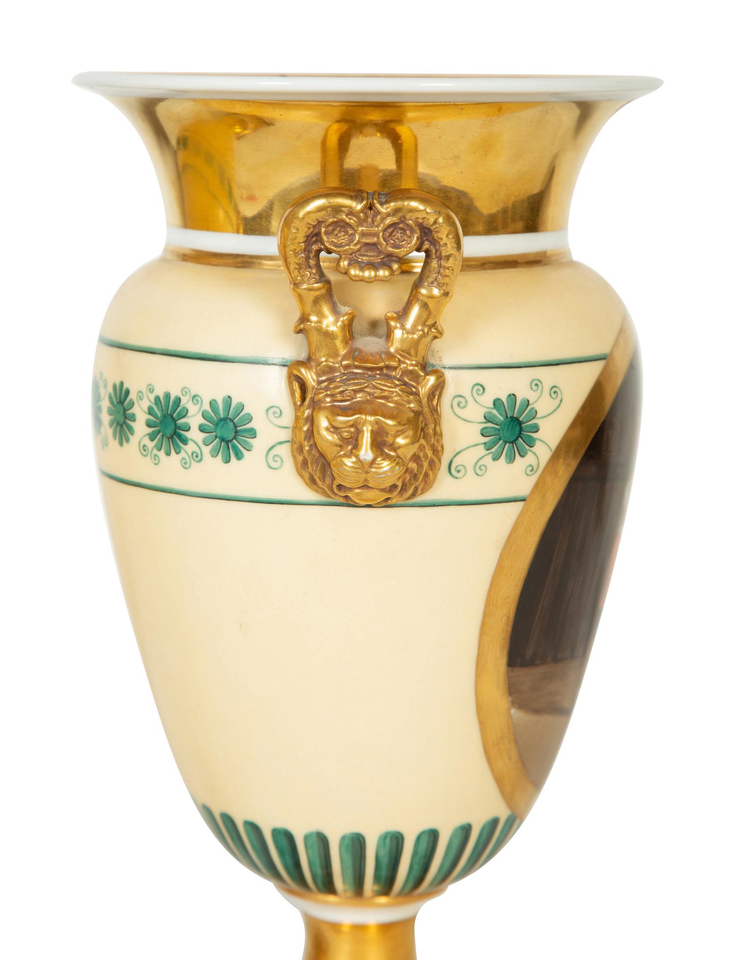 A Pair of Continental Painted Porcelain Urns