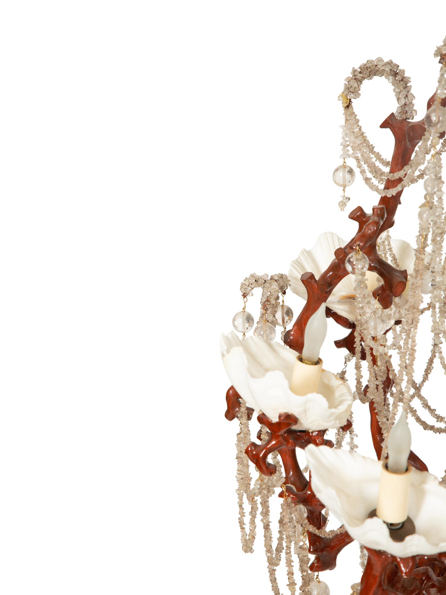 A Fisher and Weisman Faux Coral, Rock Crystal Bead and Seashell Chandelier