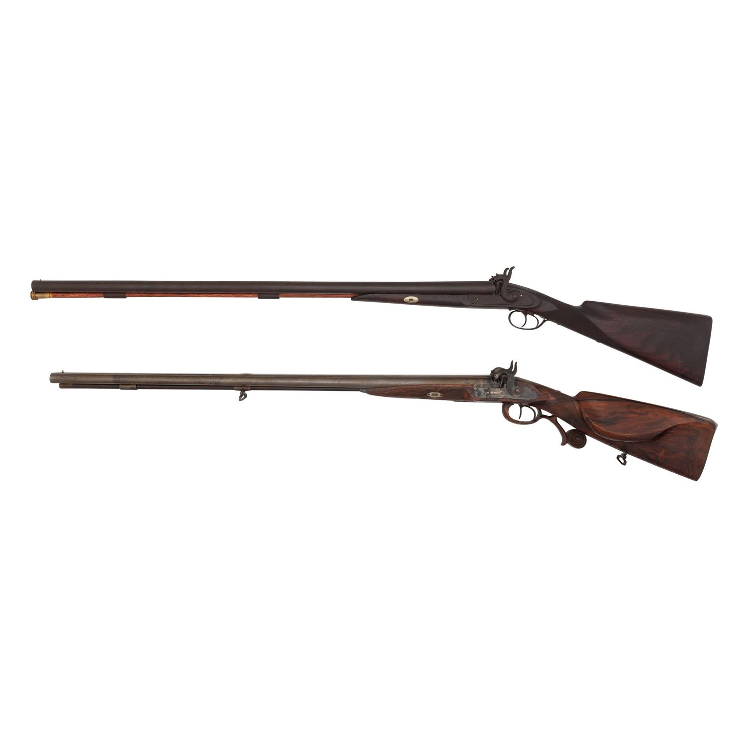 Lot of 2 Belgian Percussion SxS Shotguns Including: Gold Inlaid Franz Baader Shotgun