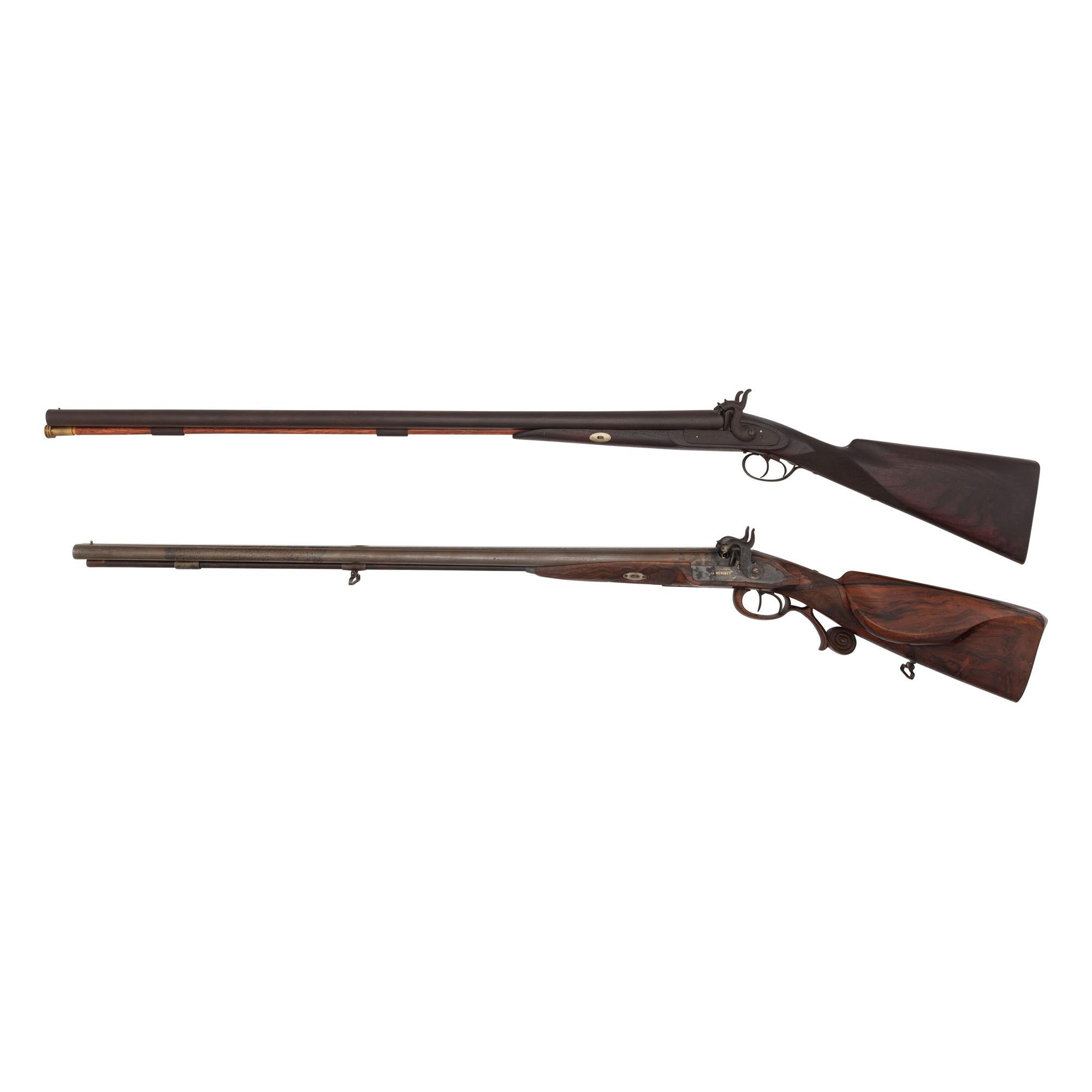 Lot of 2 Belgian Percussion SxS Shotguns Including: Gold Inlaid Franz Baader Shotgun