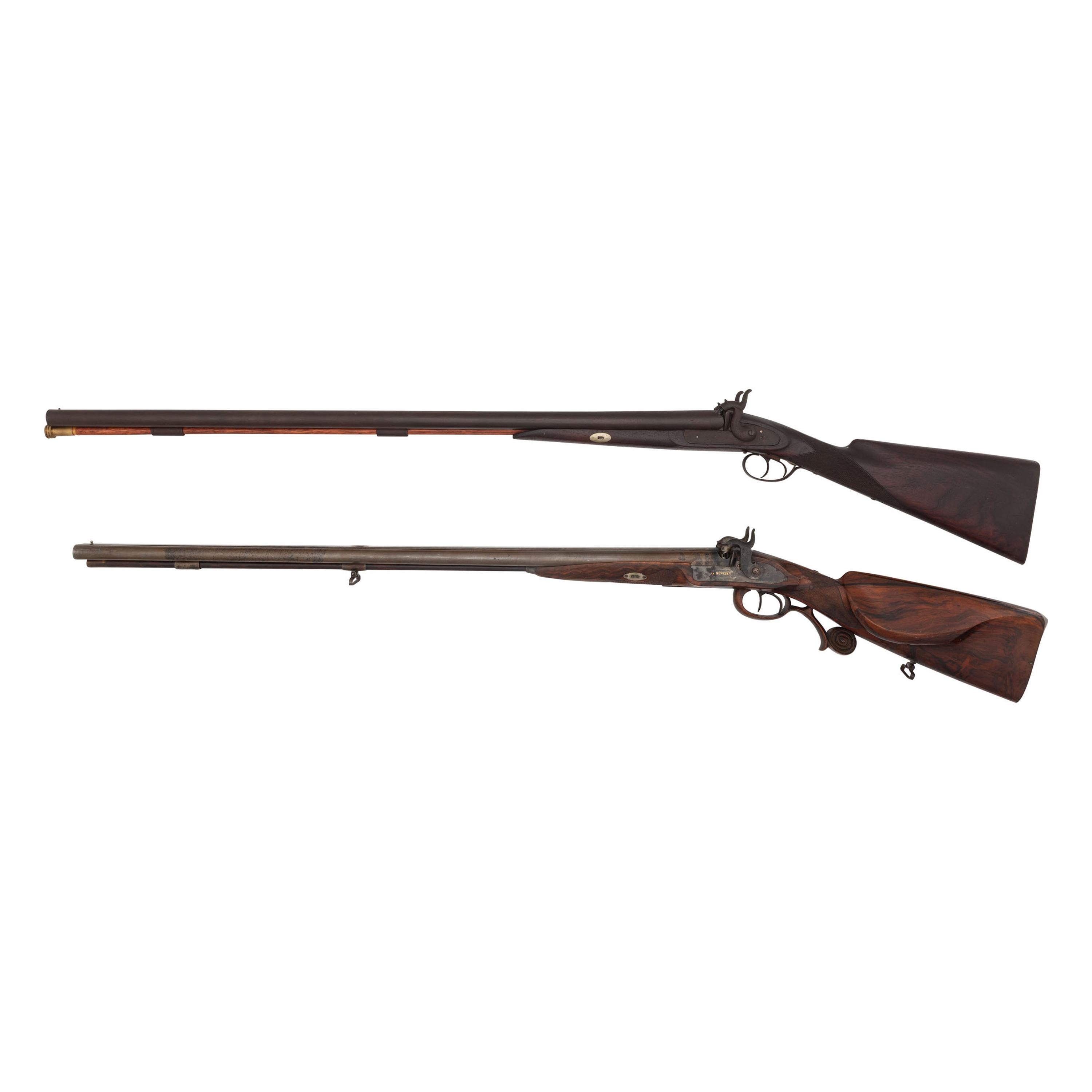 Lot of 2 Belgian Percussion SxS Shotguns Including: Gold Inlaid Franz Baader Shotgun