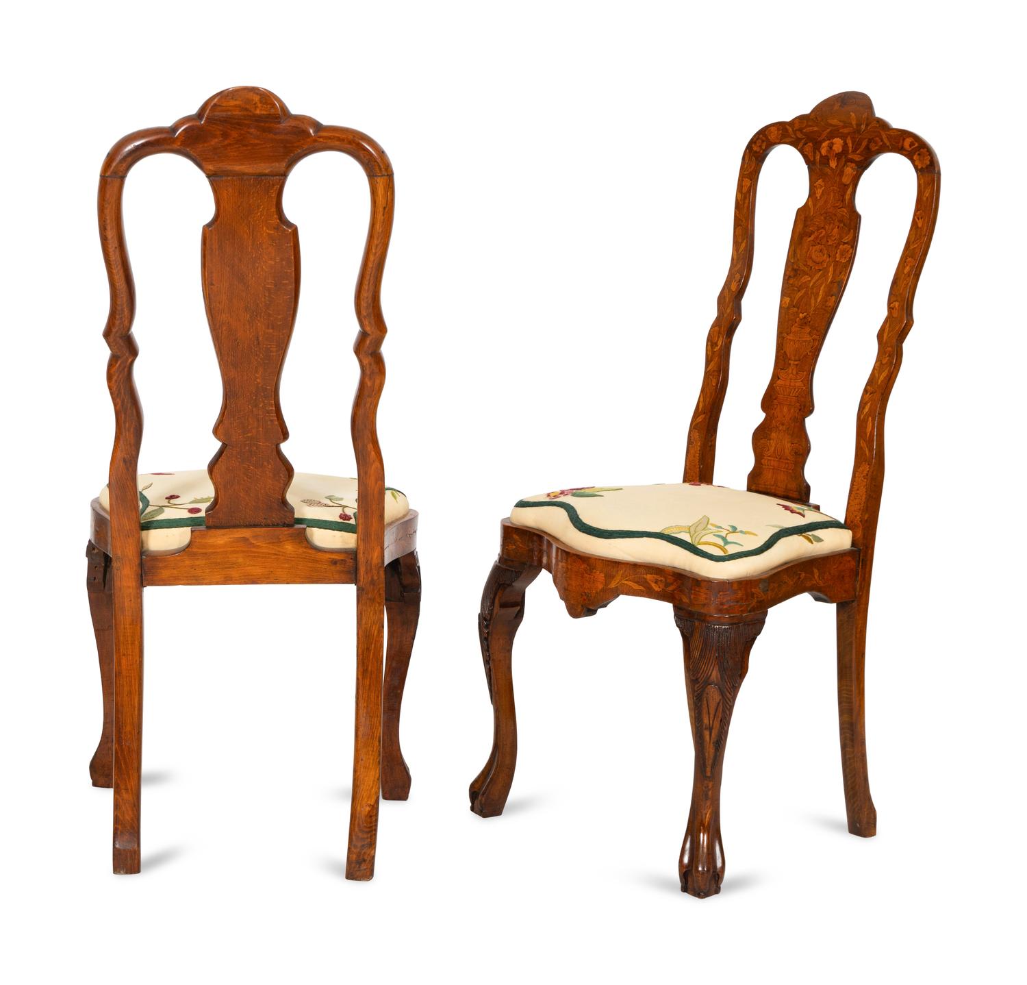 A Pair of Dutch Mahogany and Boxwood Marquetry Side Chairs