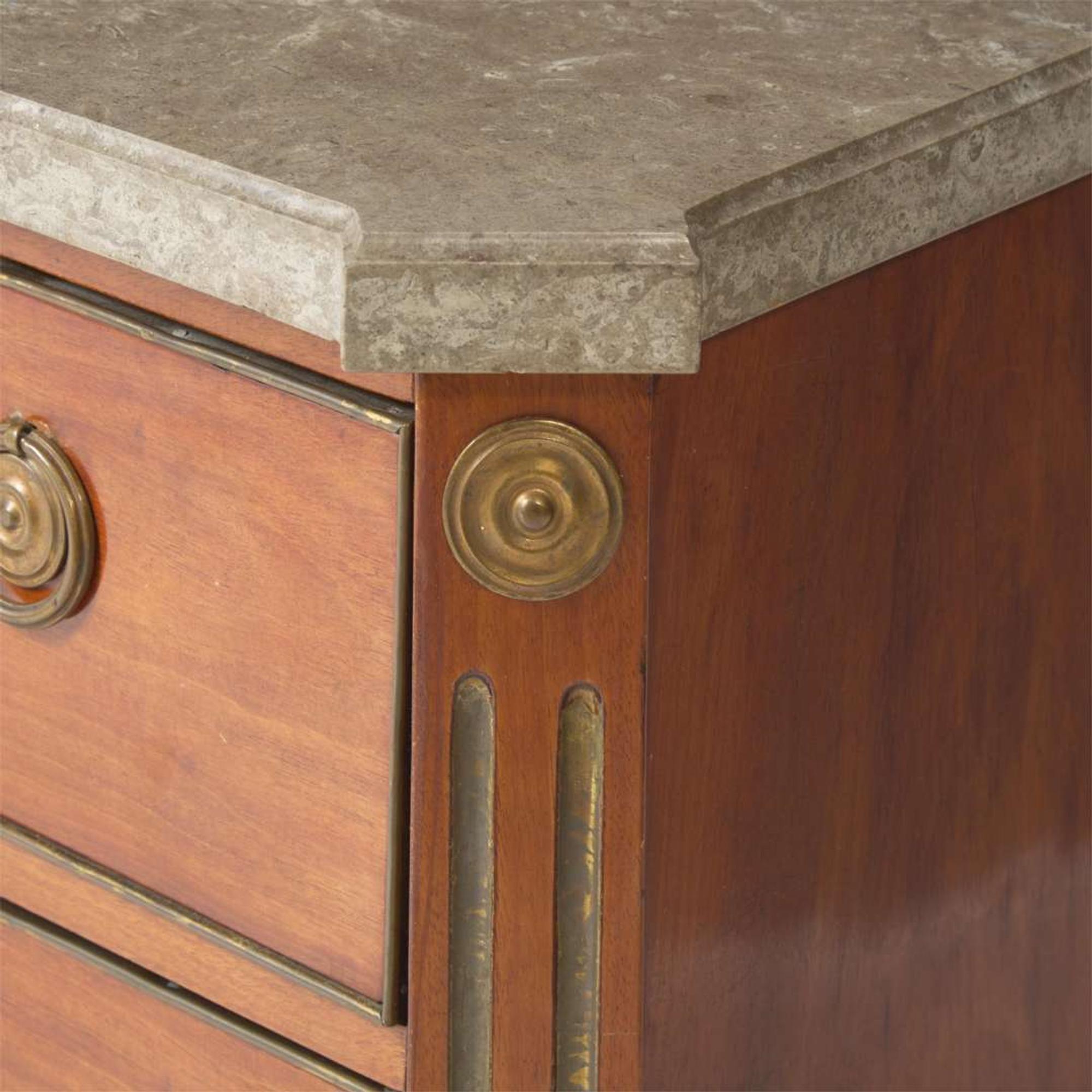 A French Directoire brass inlaid walnut commode with Derbyshire fossil top circa 1800