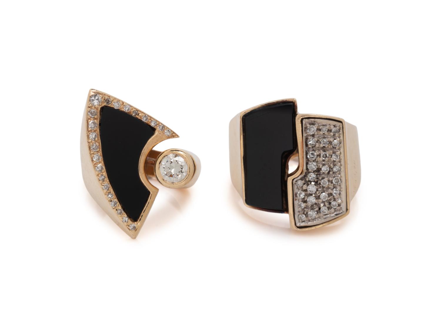 COLLECTION OF YELLOW GOLD, ONYX AND DIAMOND RINGS