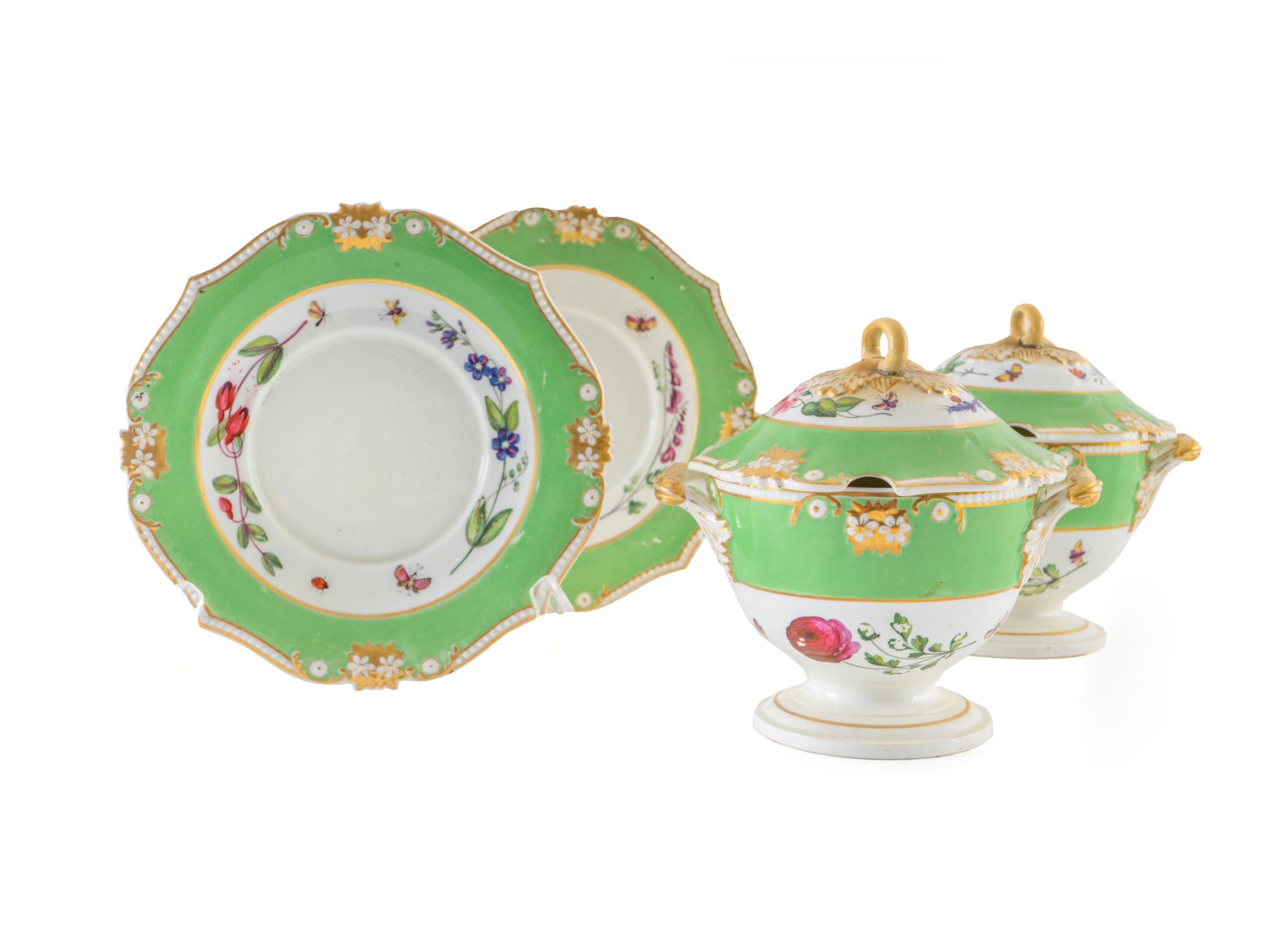 A Pair of Duesbury Derby Porcelain Botanical Sauce Tureens and Stands — FIRST HALF 19TH CENTURY