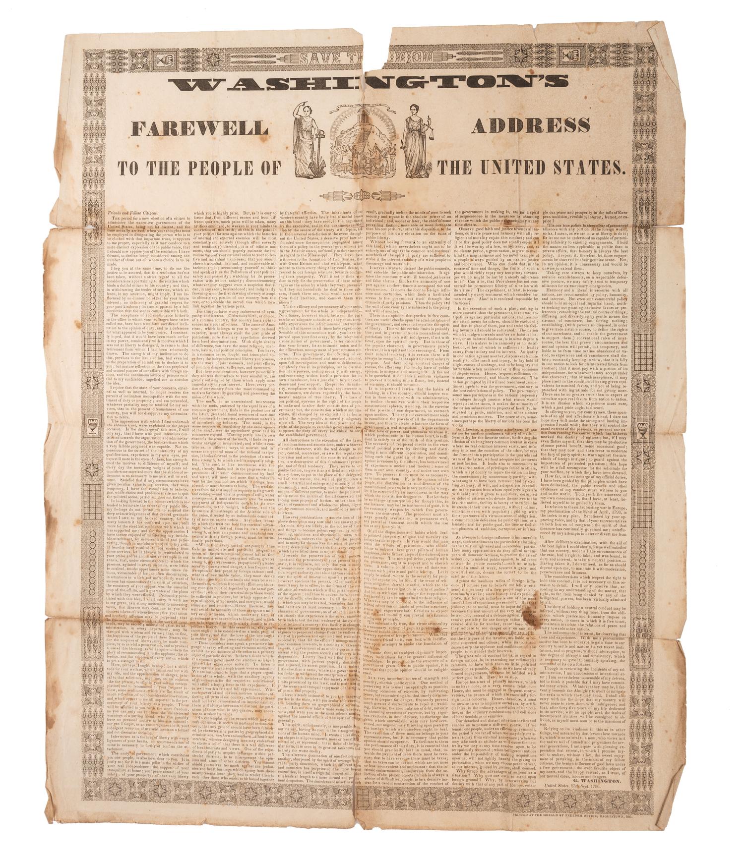 [WASHINGTON, George (1712-1799)]. A group of 5 items, highlighted by Washington's Farewell Address to the People of the United States . Hagerstown, MD: Herald of Freedom Office, ca 1860s.