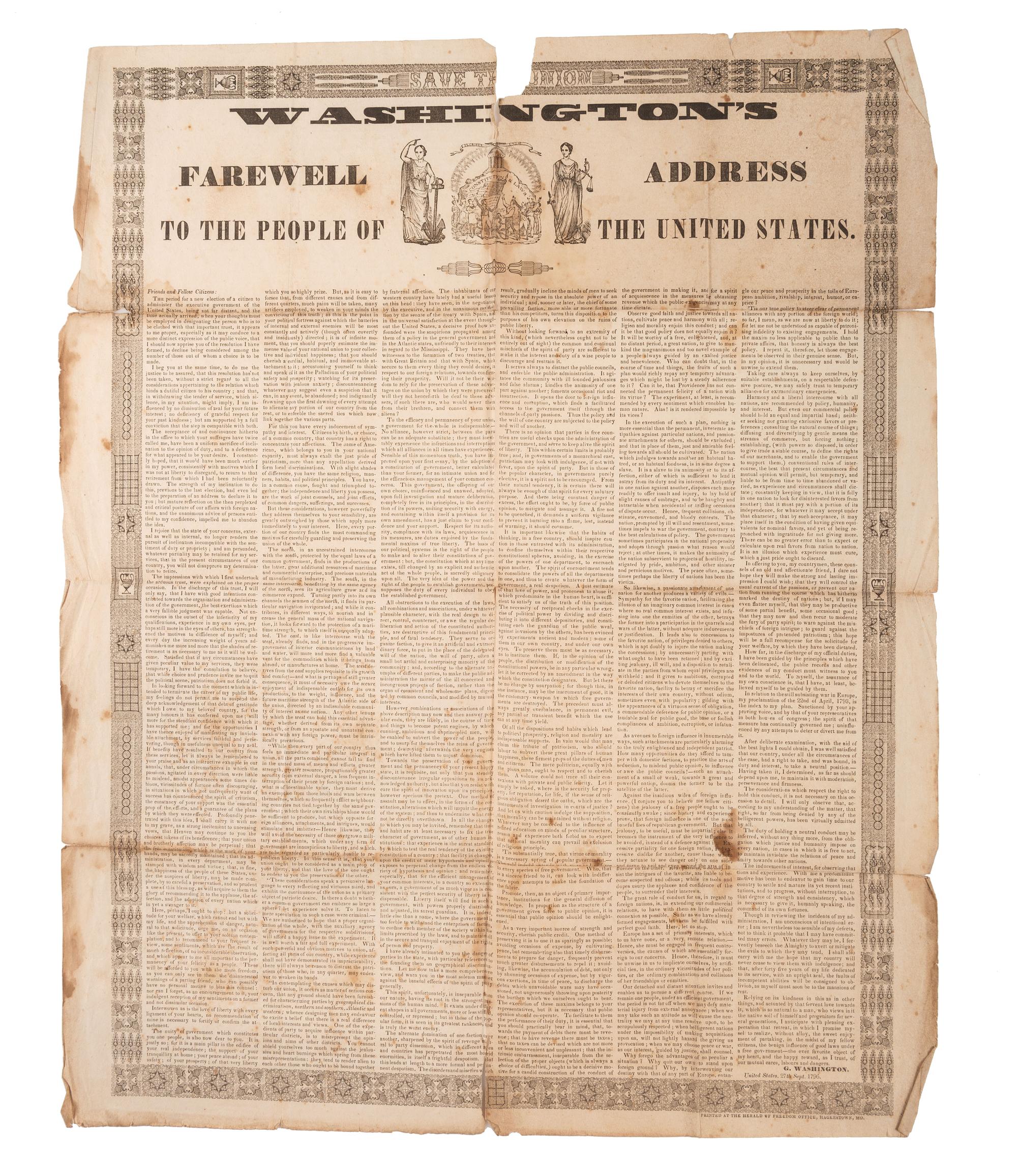 [WASHINGTON, George (1712-1799)]. A group of 5 items, highlighted by Washington's Farewell Address to the People of the United States . Hagerstown, MD: Herald of Freedom Office, ca 1860s.
