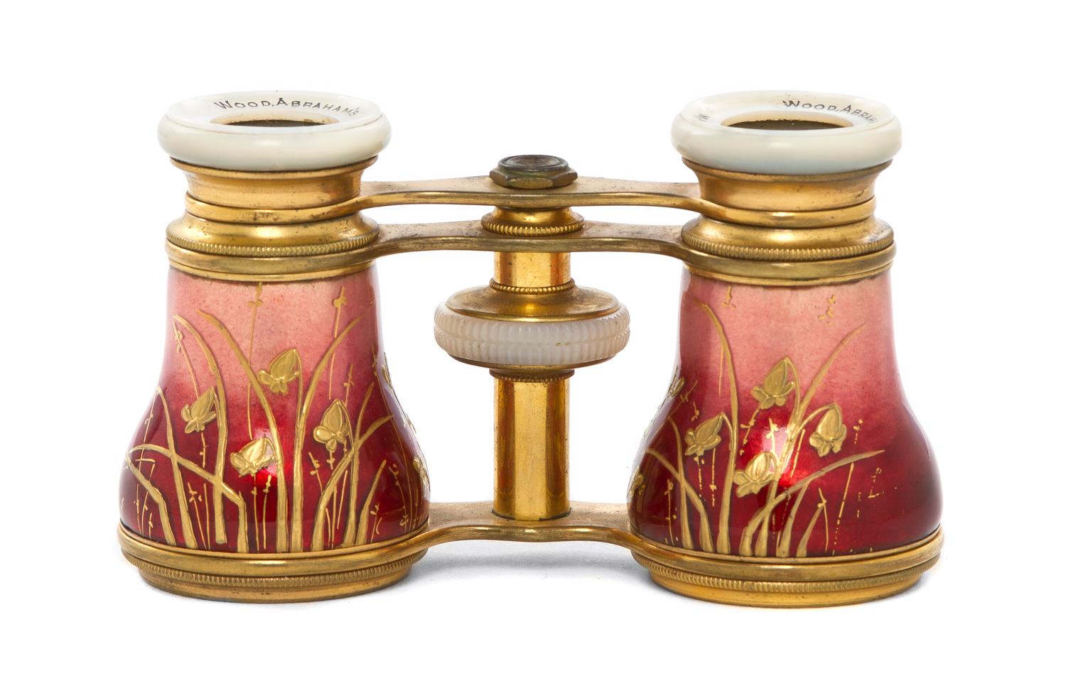 A Pair of English Enameled Opera Glasses, Wood Abraham's, Width 3 7/8 inches.