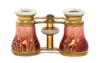 A Pair of English Enameled Opera Glasses, Wood Abraham's, Width 3 7/8 inches.