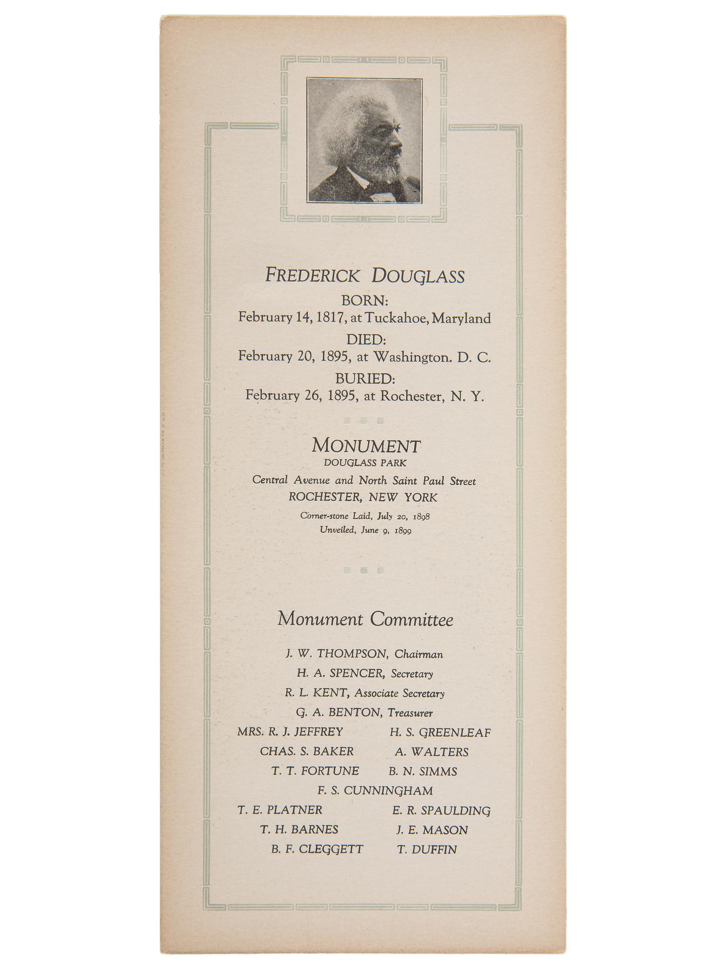 [AFRICAN AMERICANA] -- [DOUGLASS, Frederick (1818-1895)]. Commemoration from the Frederick Douglass Monument, First Public Monument to an African American in the United States. Rochester, NY: ca 1899.