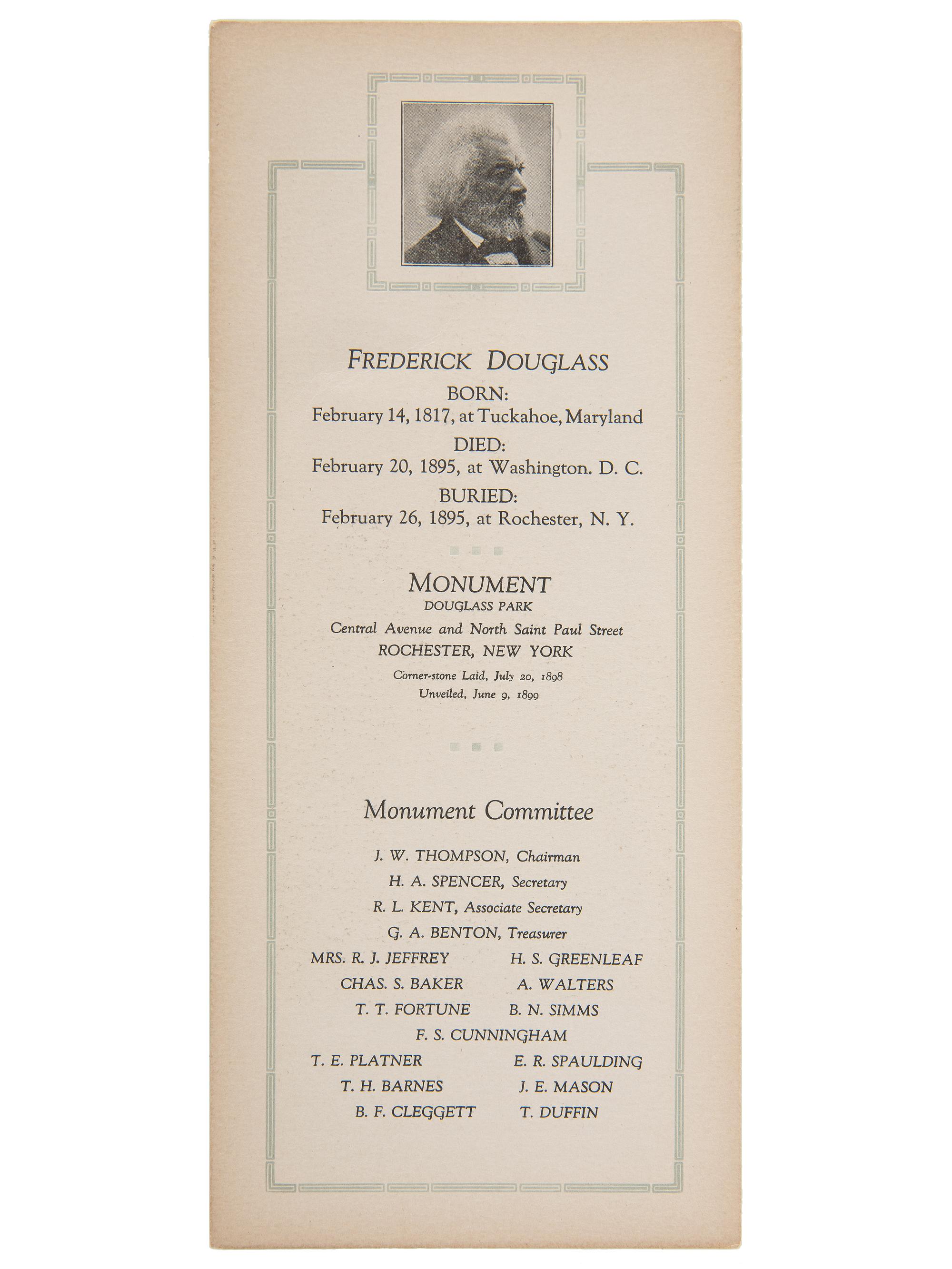 [AFRICAN AMERICANA] -- [DOUGLASS, Frederick (1818-1895)]. Commemoration from the Frederick Douglass Monument, First Public Monument to an African American in the United States. Rochester, NY: ca 1899.