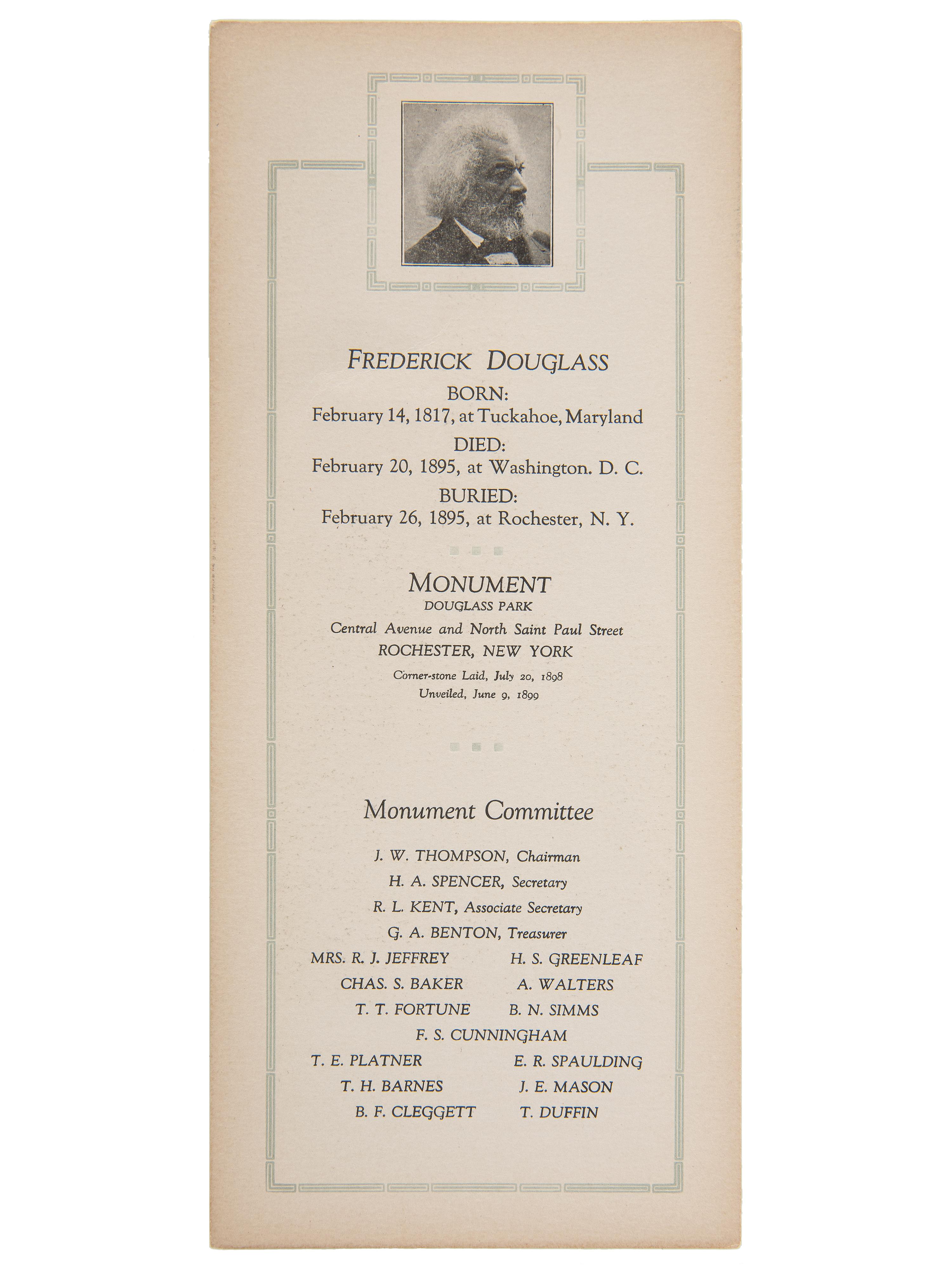 [AFRICAN AMERICANA] -- [DOUGLASS, Frederick (1818-1895)]. Commemoration from the Frederick Douglass Monument, First Public Monument to an African American in the United States. Rochester, NY: ca 1899.