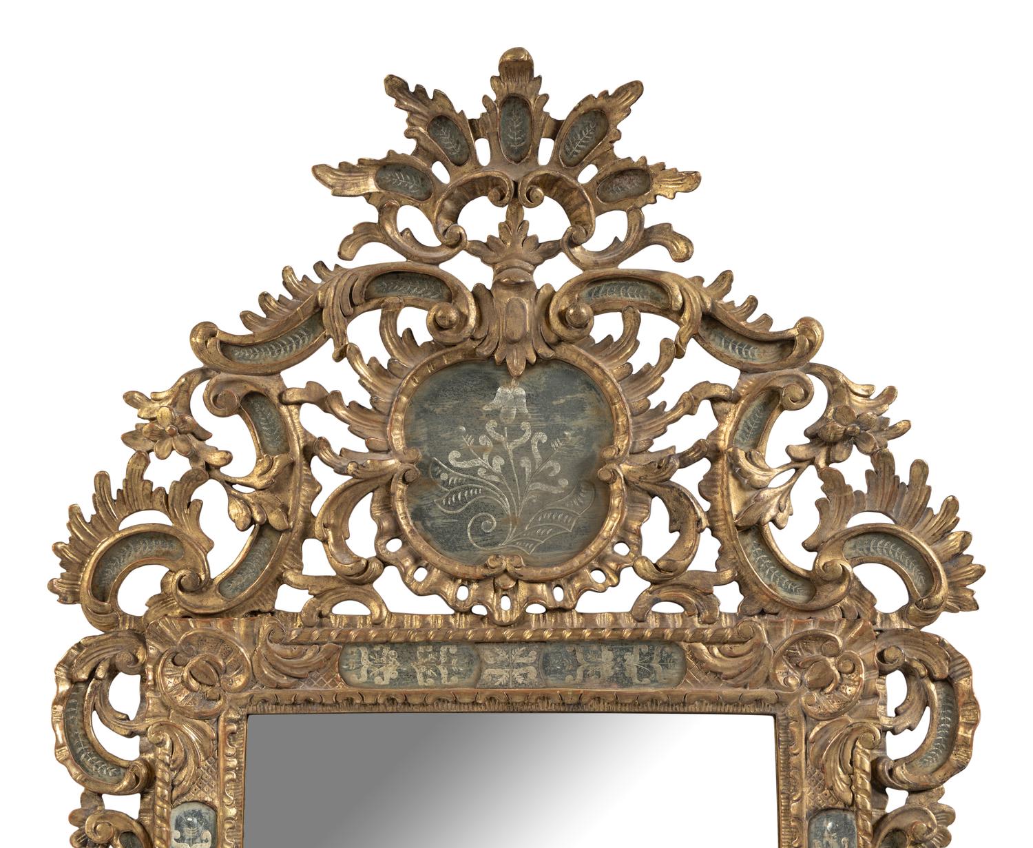 A Pair of Italian Baroque Style Giltwood and Etched Glass Mirrors