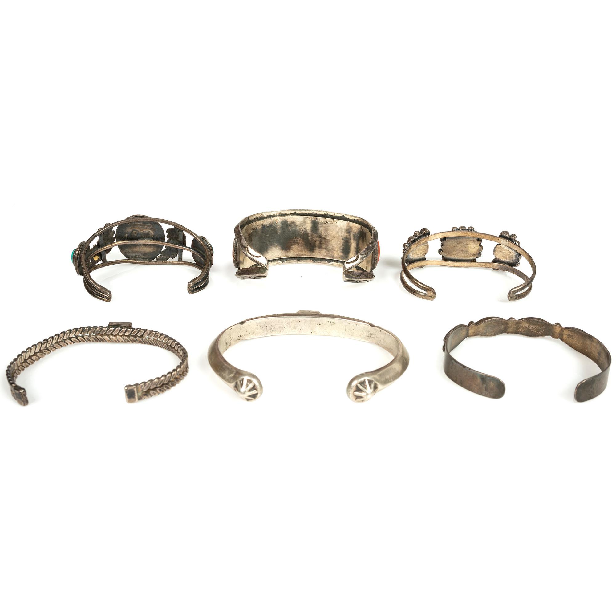 Navajo and Zuni Silver Cuff Bracelets, with Inlay