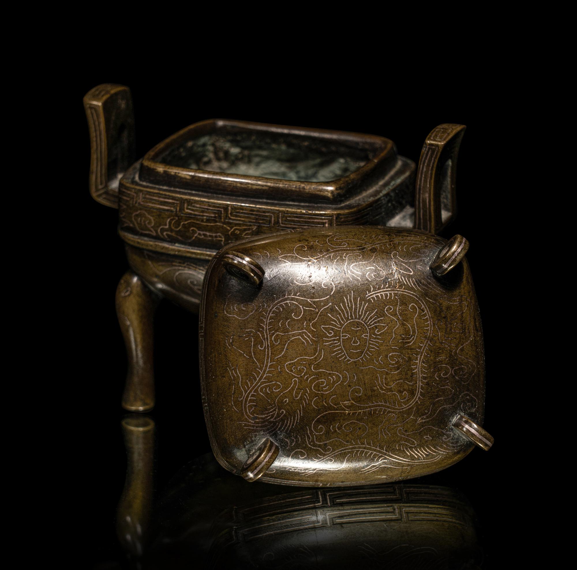 A Mini Silver Wire Inset Bronze Incense Burner