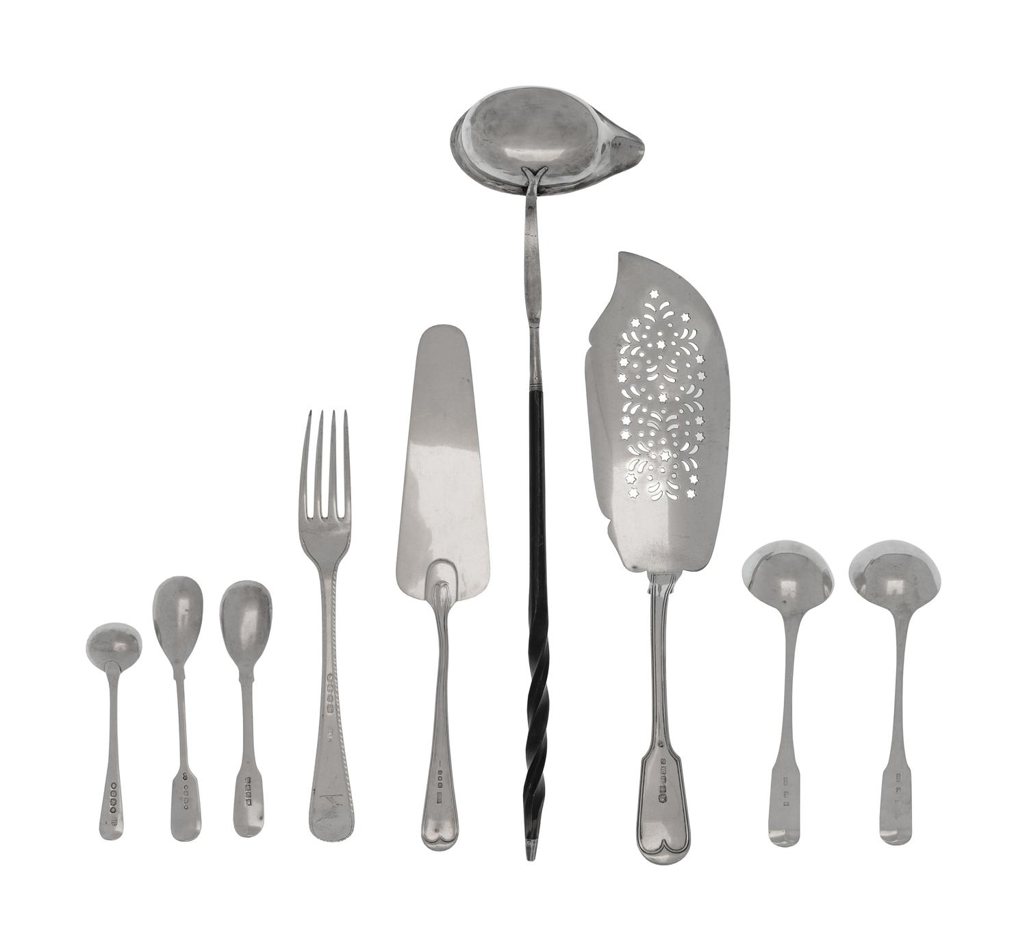 A Collection of English Silver Flatware and Serving Articles