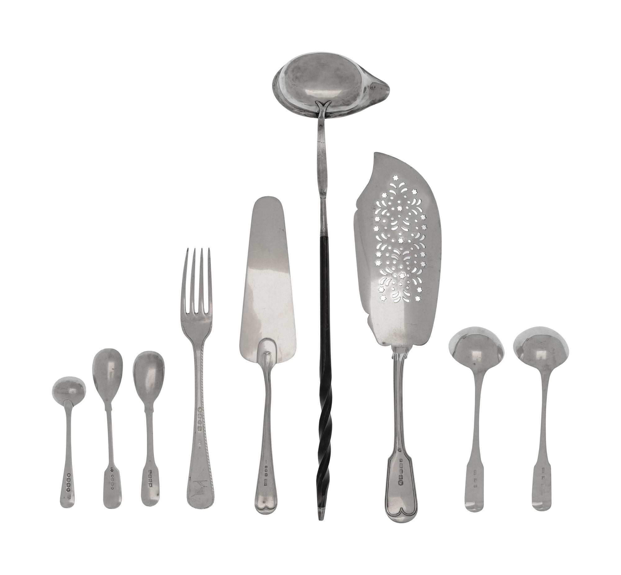 A Collection of English Silver Flatware and Serving Articles