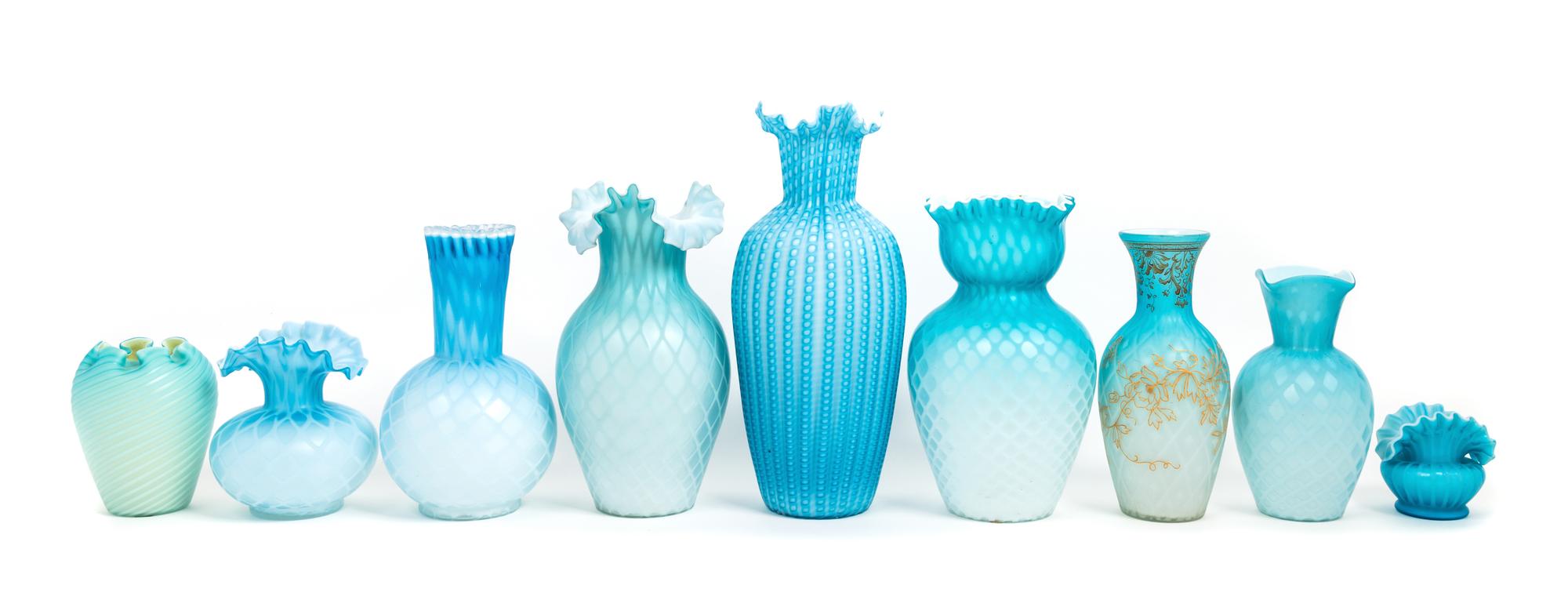 Nine Victorian Mother-of-Pearl Satin Glass Vases Height of tallest 11 5/8 inches — 19TH CENTURY