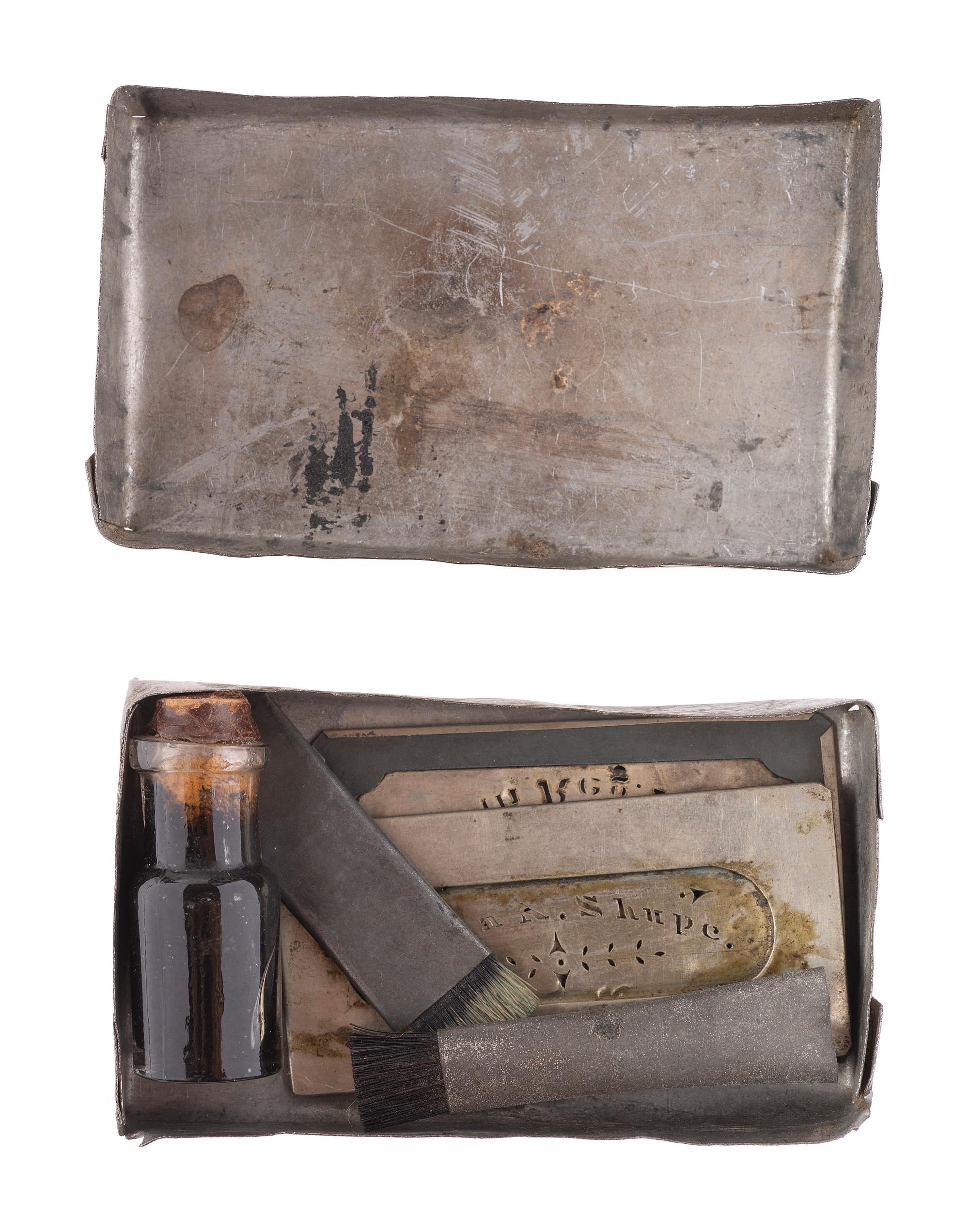 Stencil kit identified to Private Tilman Shupe, Company I, 85th Indiana Volunteer Infantry Regiment, mortally wounded at Peach Tree Creek, GA, 21 July 1864.