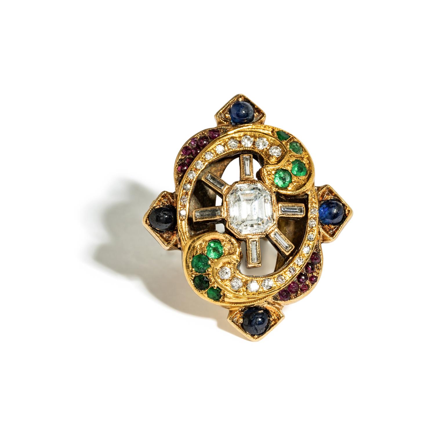 YELLOW GOLD, MULTIGEM, AND EMERALD CUT CUBIC ZIRCONIA RING