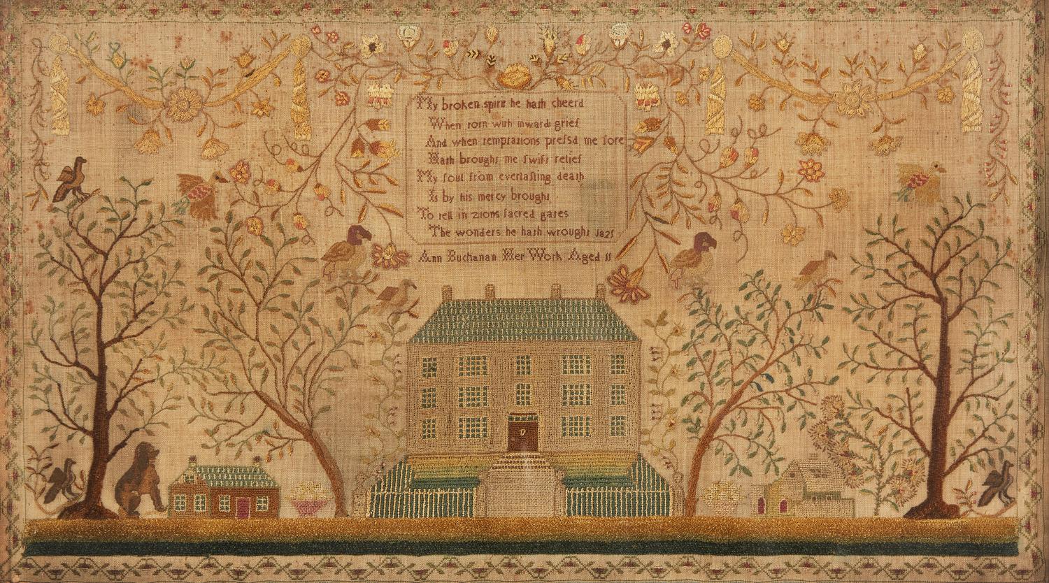 A finely worked needlework sampler, by Ann Buchanan, dated "1821"