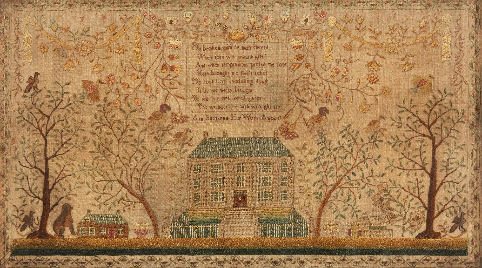 A finely worked needlework sampler, by Ann Buchanan, dated "1821"