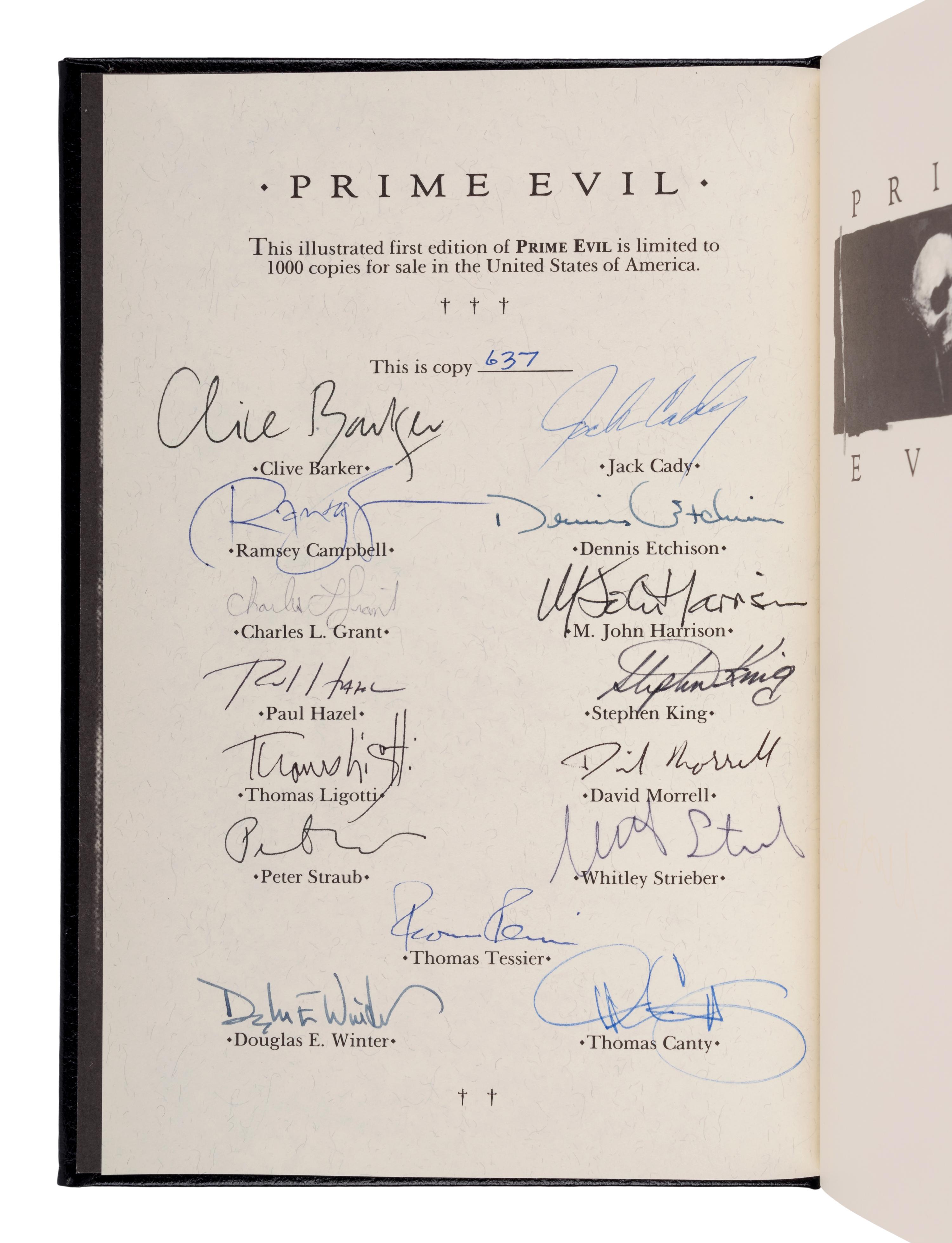 [KING, Stephen (b. 1947)]. Prime Evil . Douglas E. Winter, editor. West Kington and Hampton Falls: Donald M. Grant, 1988.
