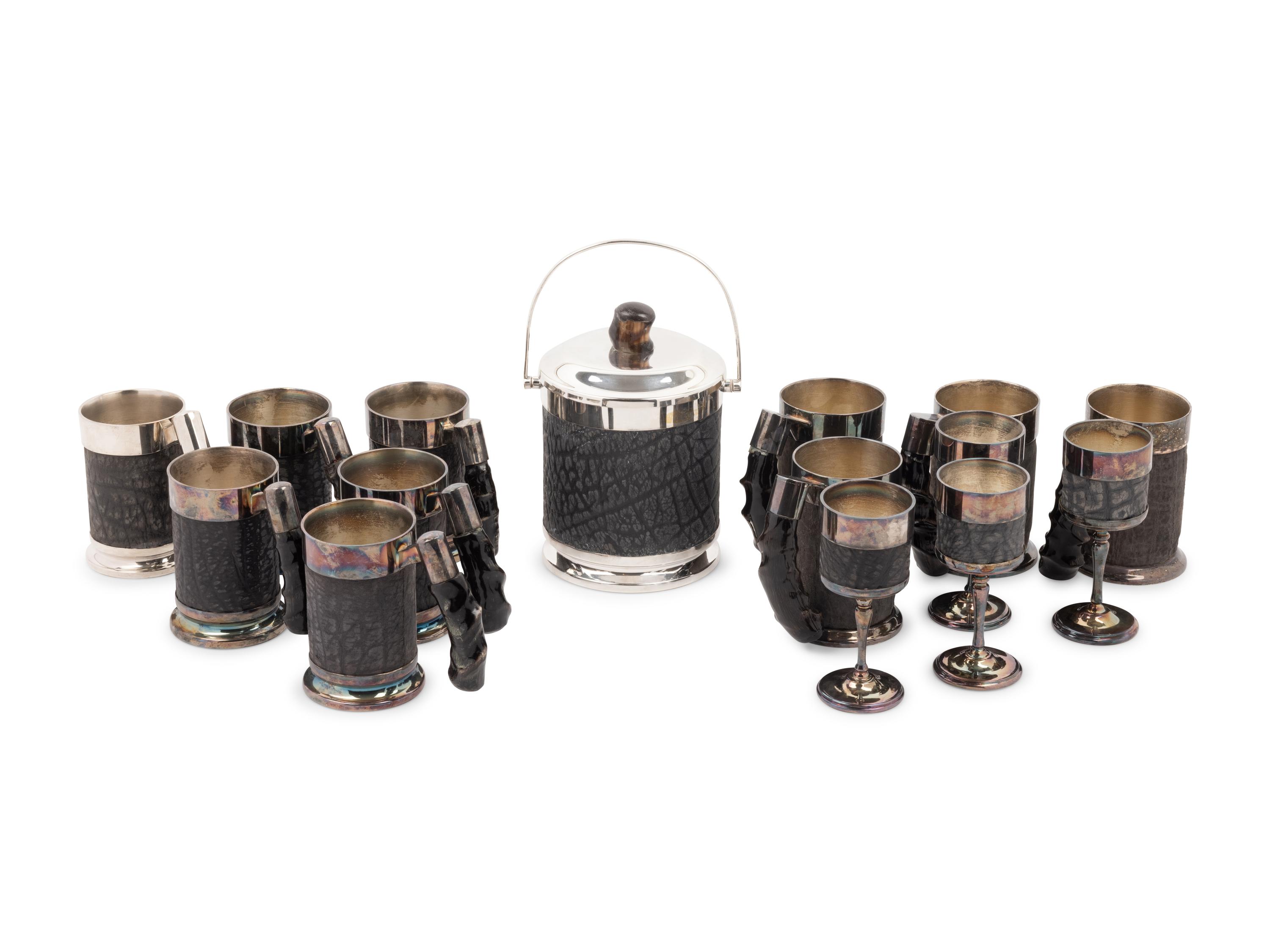 A Set of Silver-Plate and Hide Drinkware