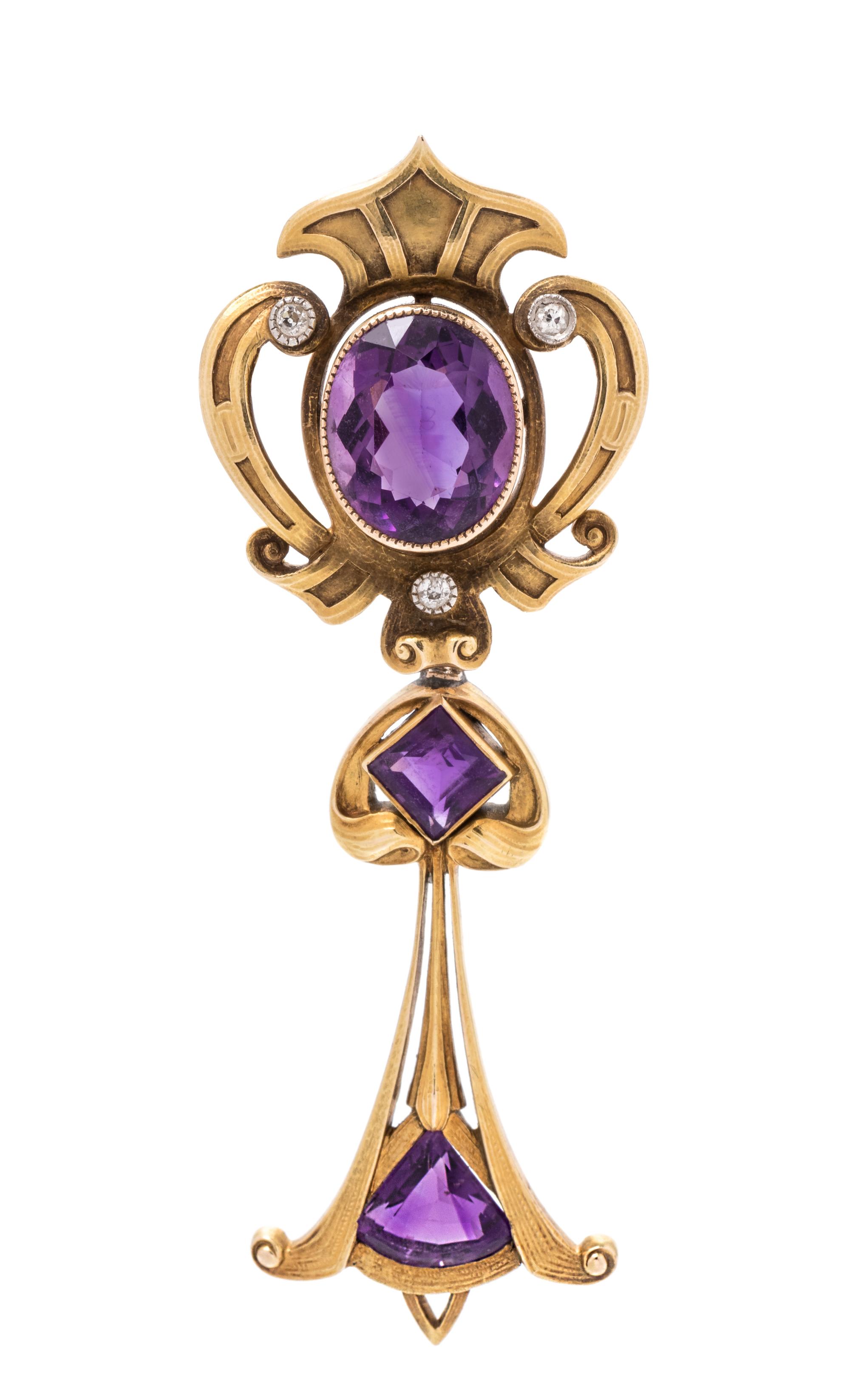 An Art Nouveau 14 Karat Yellow Gold, Amethyst and Diamond Pendant/Brooch, Carter, Gough & Co.,