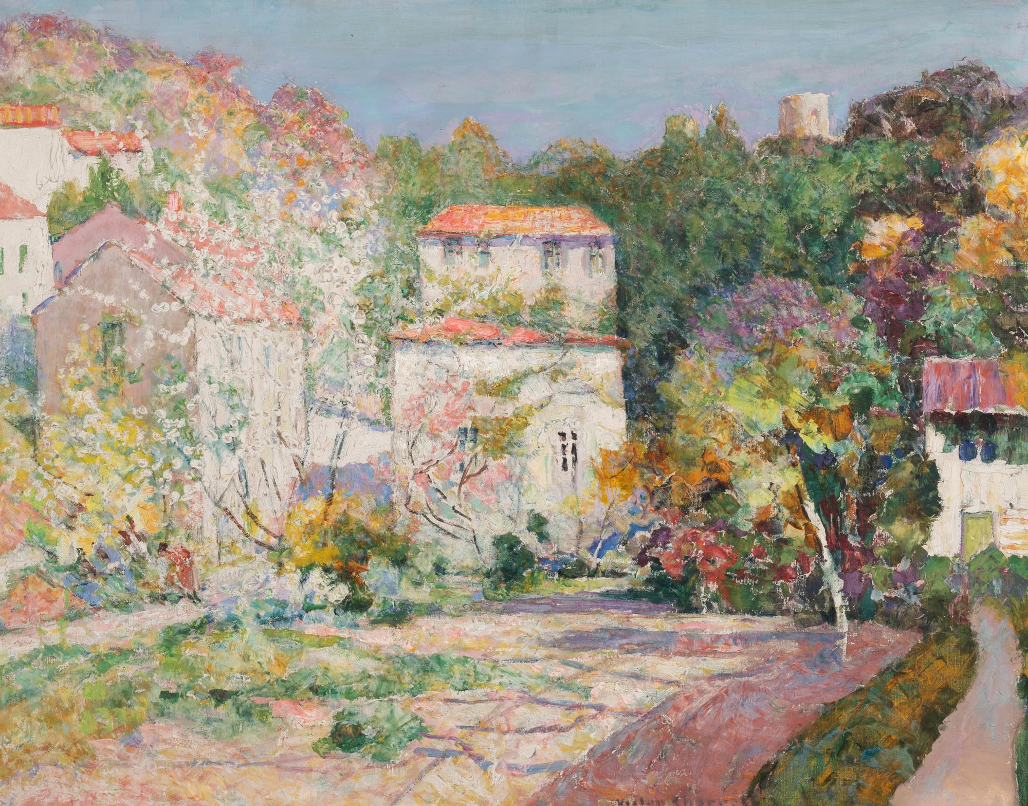 Verger en fleurs dans un village