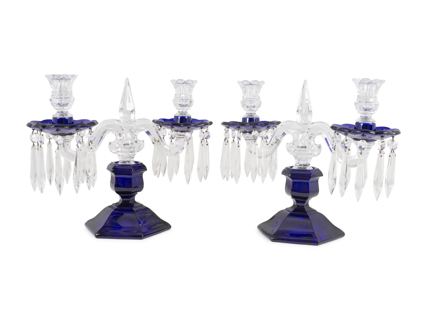 A Pair of Cobalt and Clear Molded Glass Two-Light Candelabra