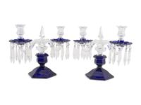 A Pair of Cobalt and Clear Molded Glass Two-Light Candelabra