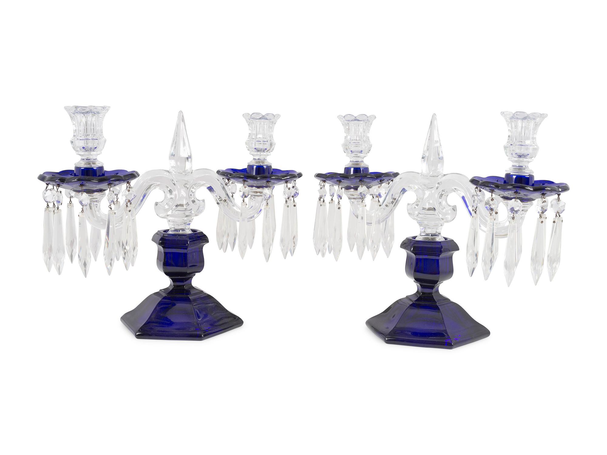 A Pair of Cobalt and Clear Molded Glass Two-Light Candelabra