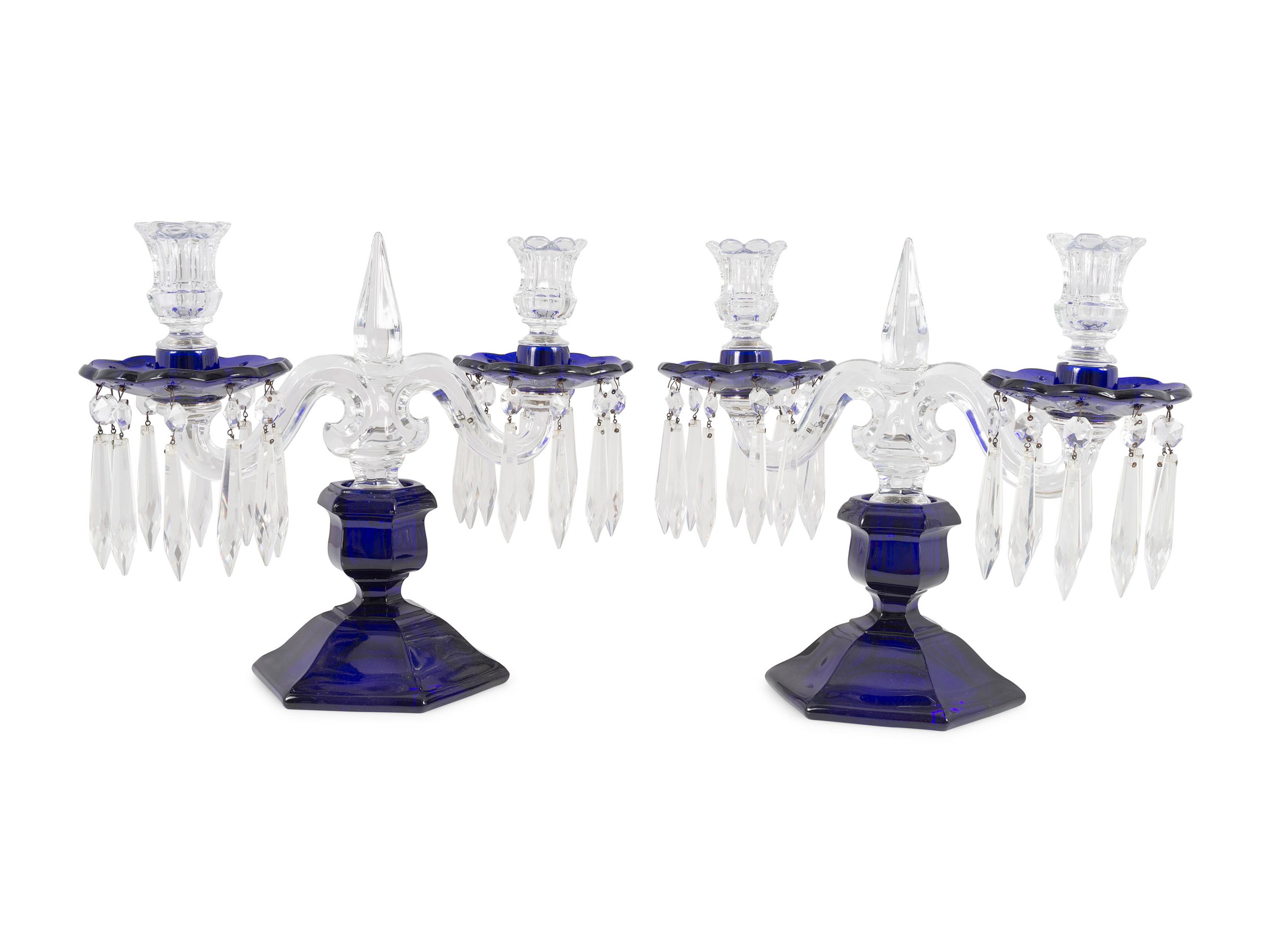 A Pair of Cobalt and Clear Molded Glass Two-Light Candelabra