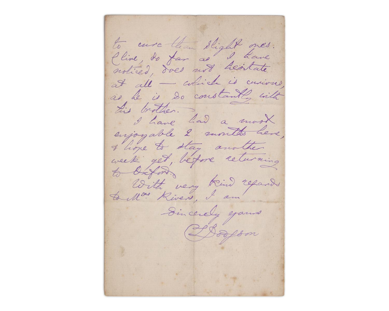 Carroll, Lewis (Charles Lutwidge Dodgson). Autograph Letter, signed