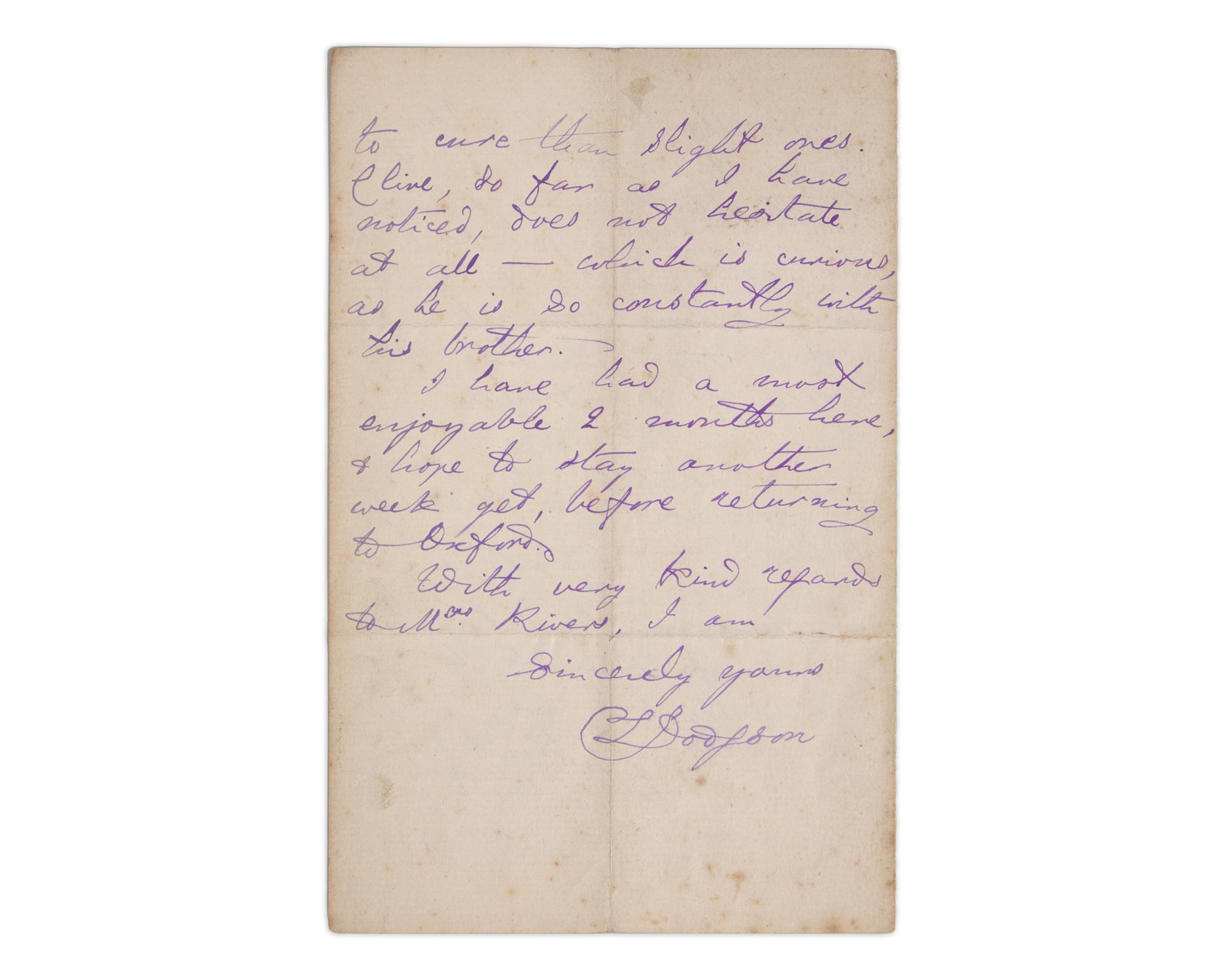 Carroll, Lewis (Charles Lutwidge Dodgson). Autograph Letter, signed