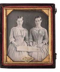 [EARLY PHOTOGRAPHY]. Sixth plate daguerreotype featuring possible twin sisters holding open a music folio.