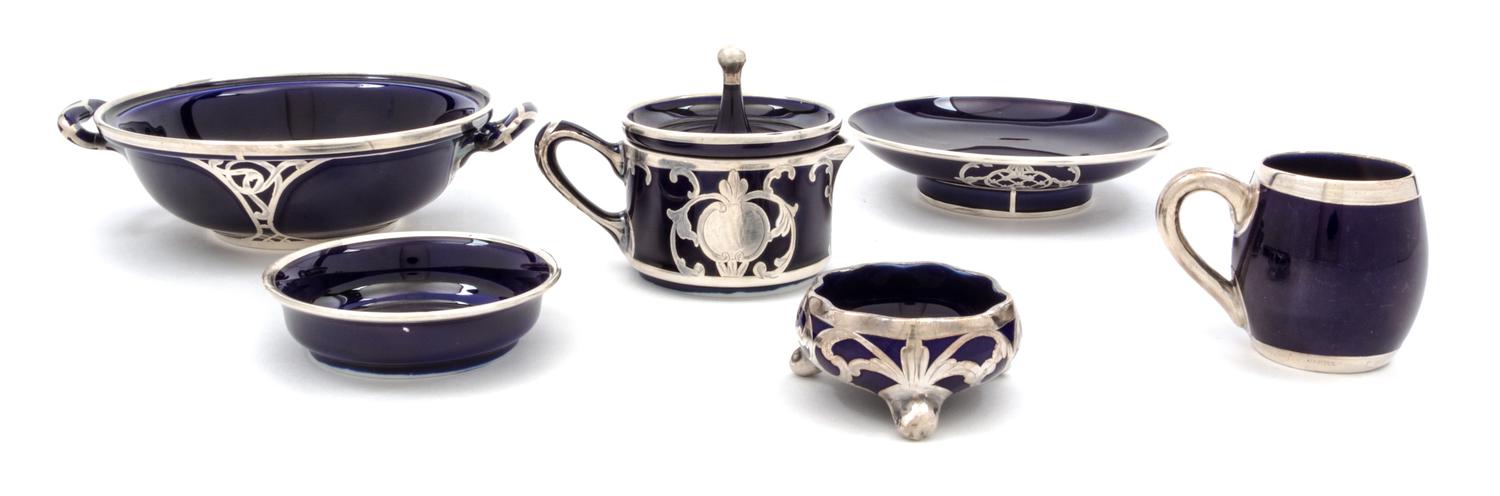 A Group of Six Lenox Porcelain Silver Overlay Table Articles Diameter of largest 5 1/4 inches.