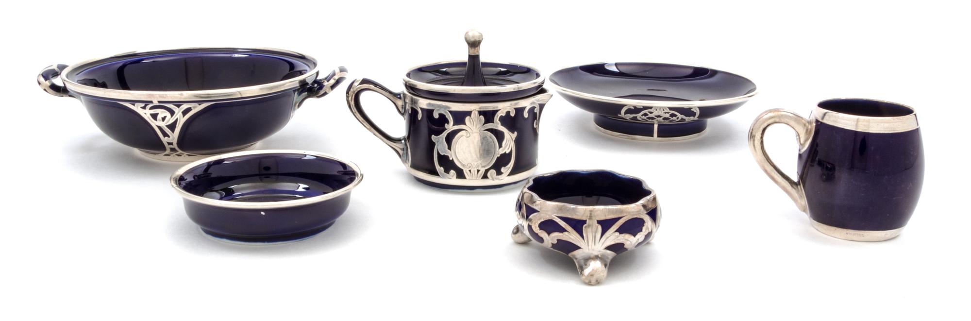 A Group of Six Lenox Porcelain Silver Overlay Table Articles Diameter of largest 5 1/4 inches.