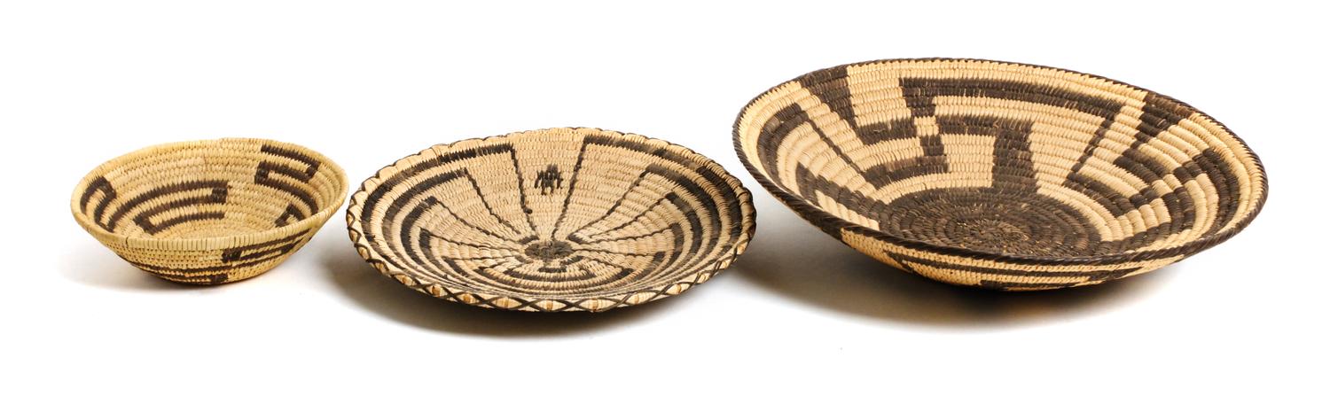 Two Pima (Akimel O'odham) Baskets Height of the first 2 1/4 x diameter 10 3/4 inches.