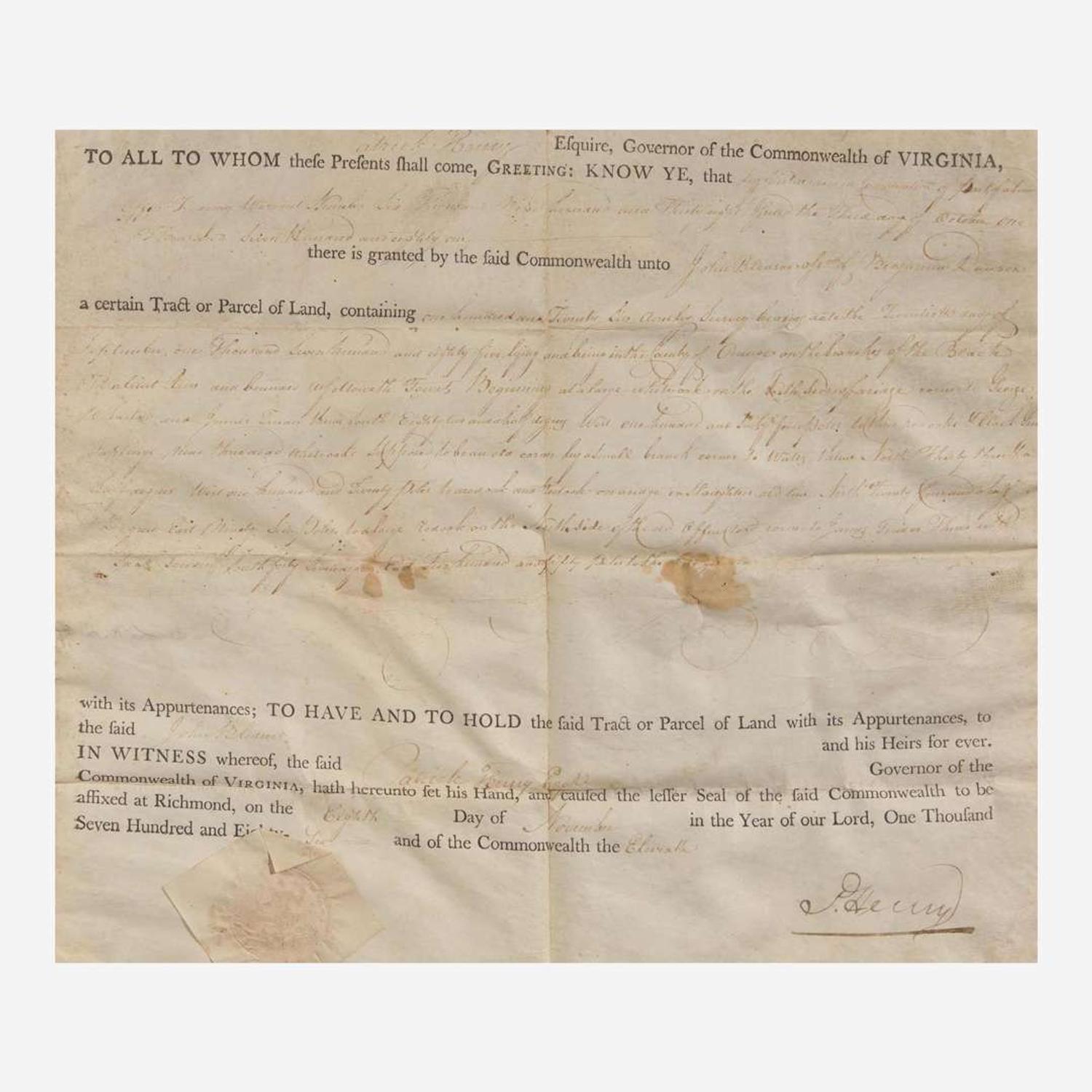 [Americana] Henry, Patrick Partially-Printed Document, signed