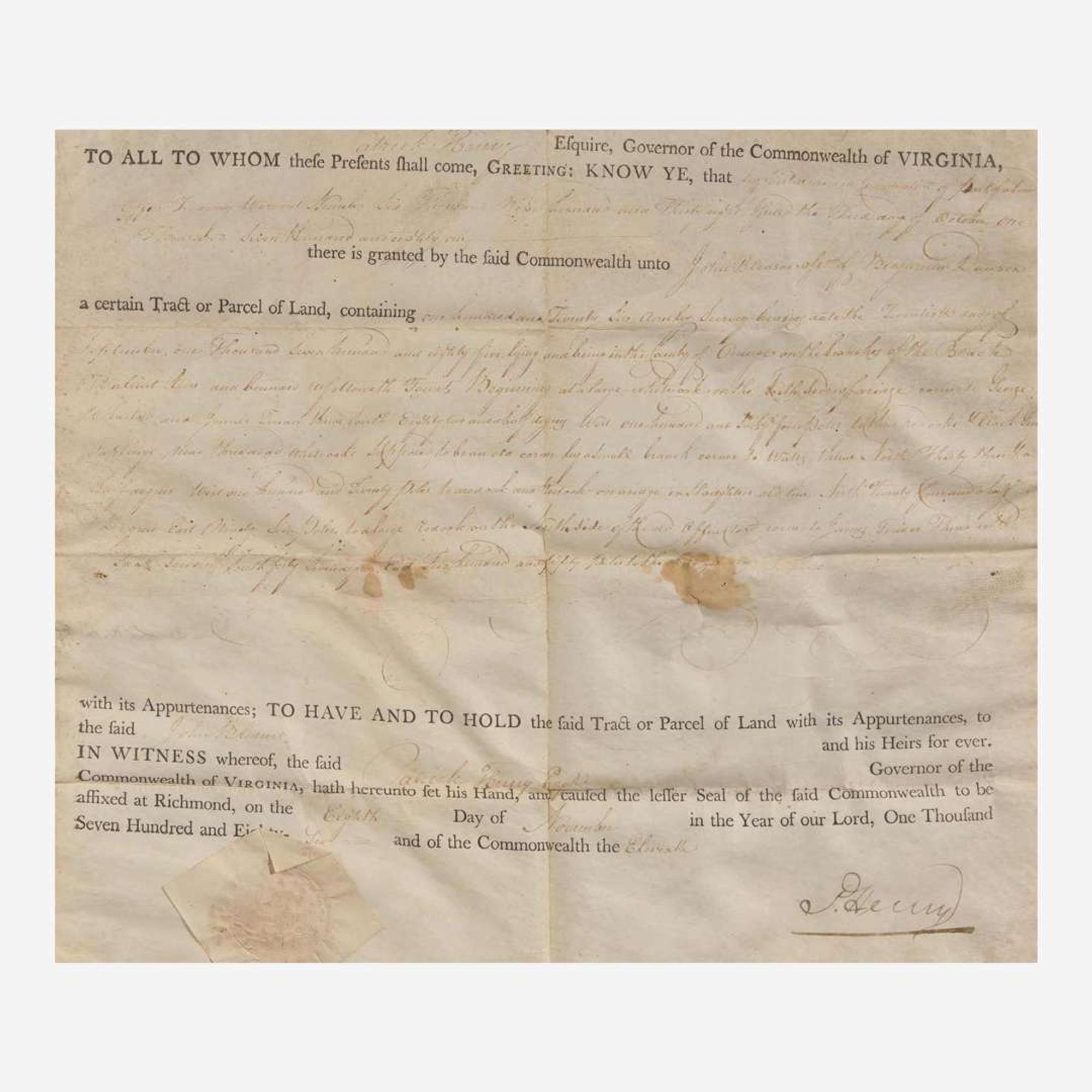 [Americana] Henry, Patrick Partially-Printed Document, signed