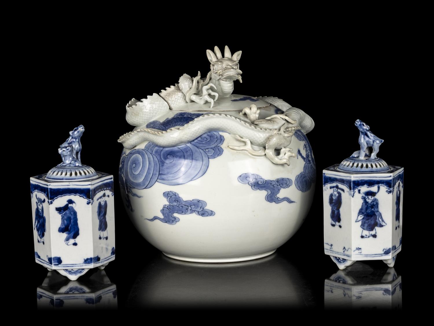 A Japanese Hirado-Style Blue and White Porcelain 'Dragon' Covered Jar and a Pair of Blue and White Porcelain Covered Incense Burners, Koro