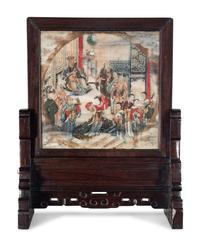 A Chinese Painted Dream Stone Inset Wood Table Screen