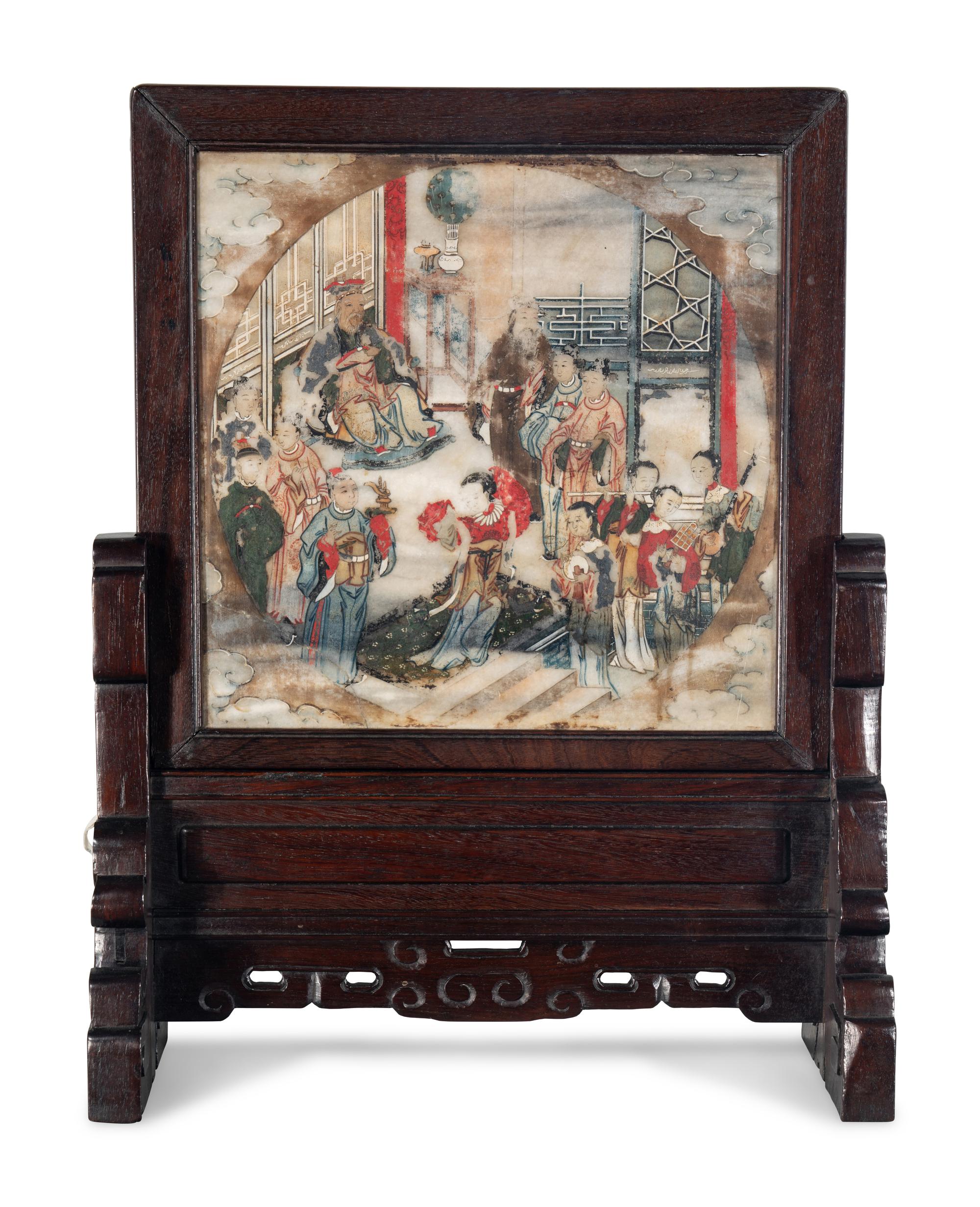 A Chinese Painted Dream Stone Inset Wood Table Screen