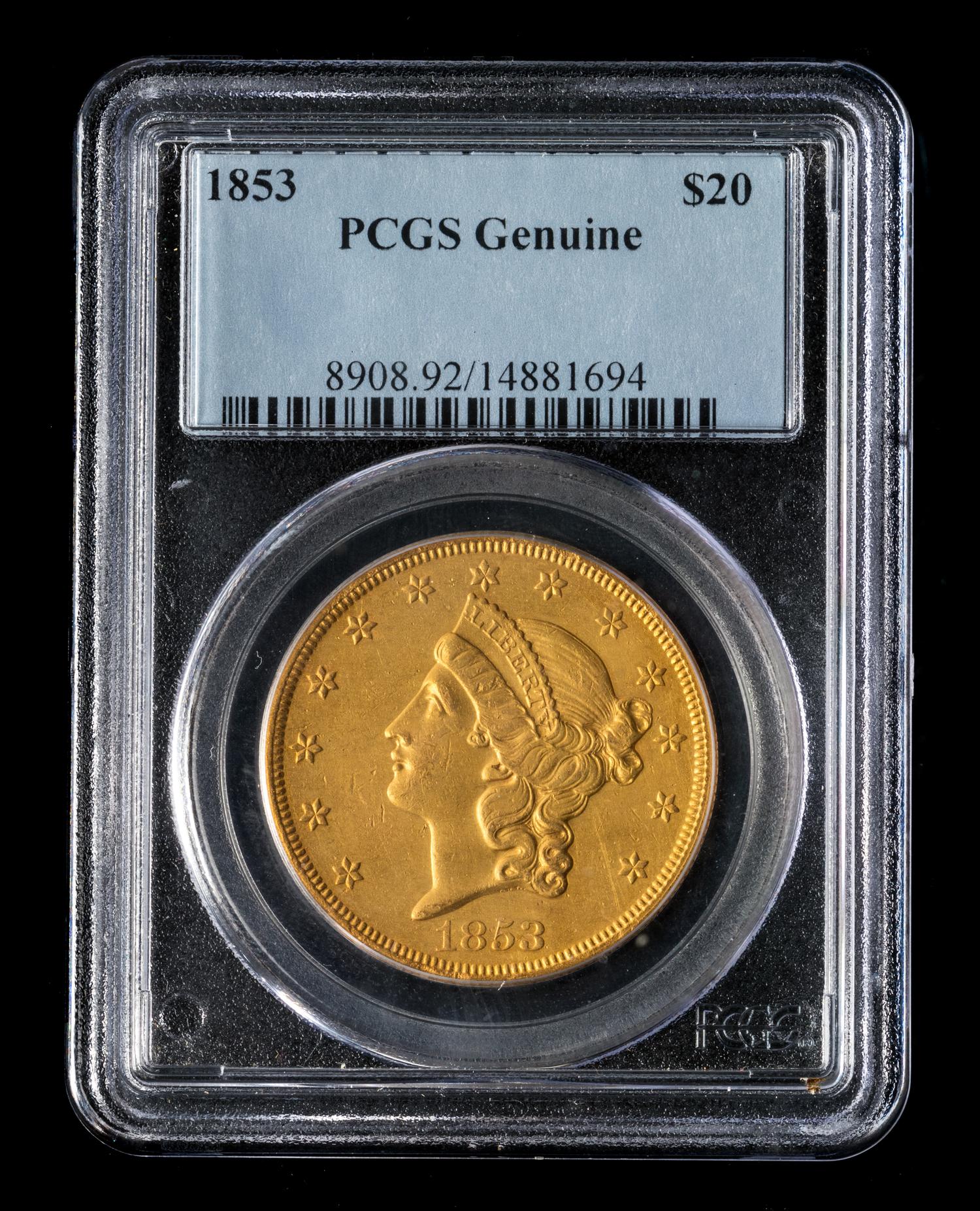 A United States 1853 Liberty Head $20 Gold Coin