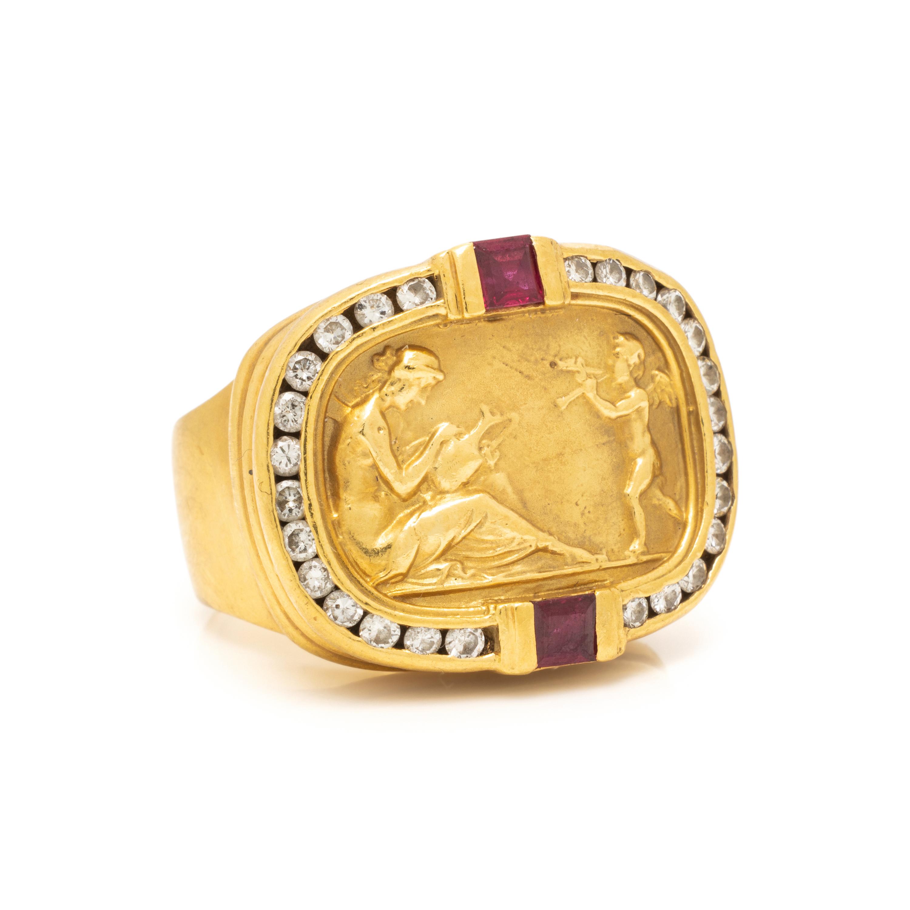 SeidenGang, Yellow Gold, Ruby, and Diamond Architectural Revival Ring