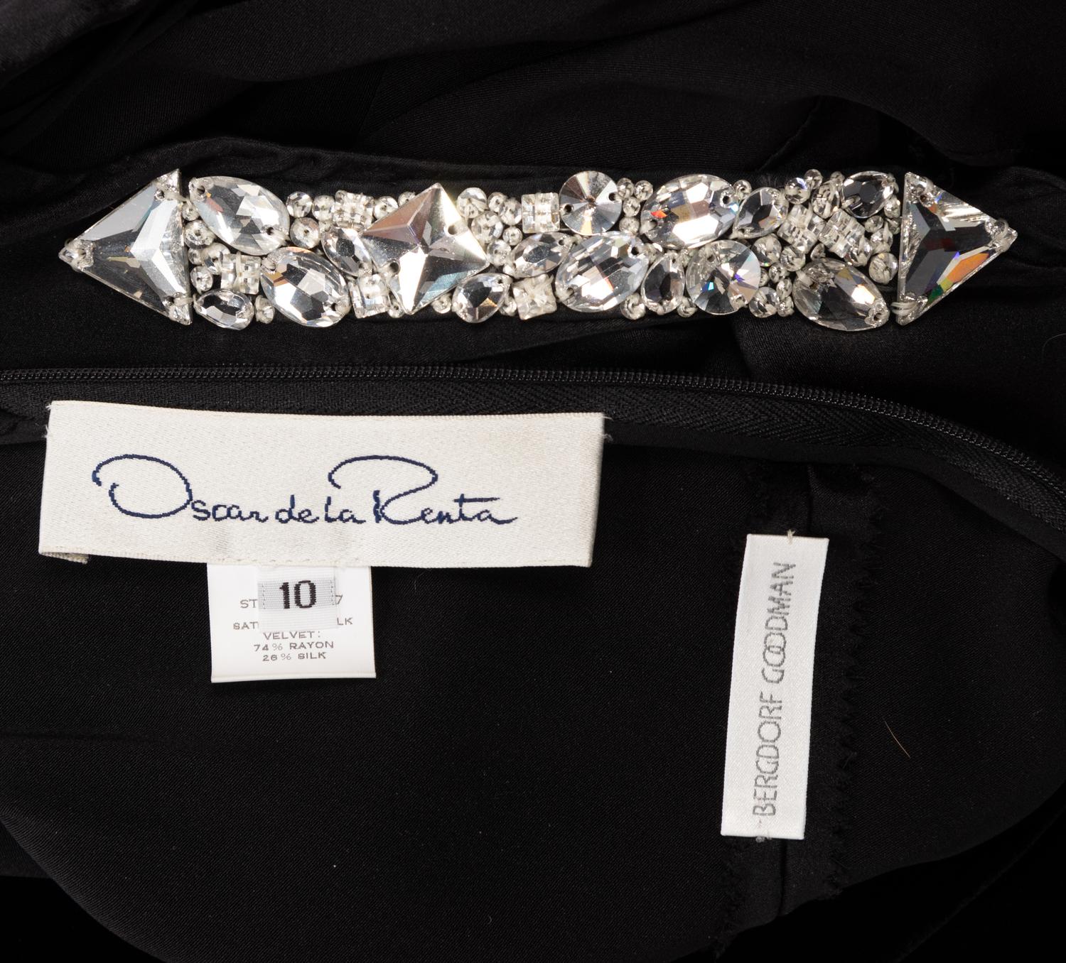 Oscar de la Renta Satin and Velvet Evening Dress with Rhinestone Straps