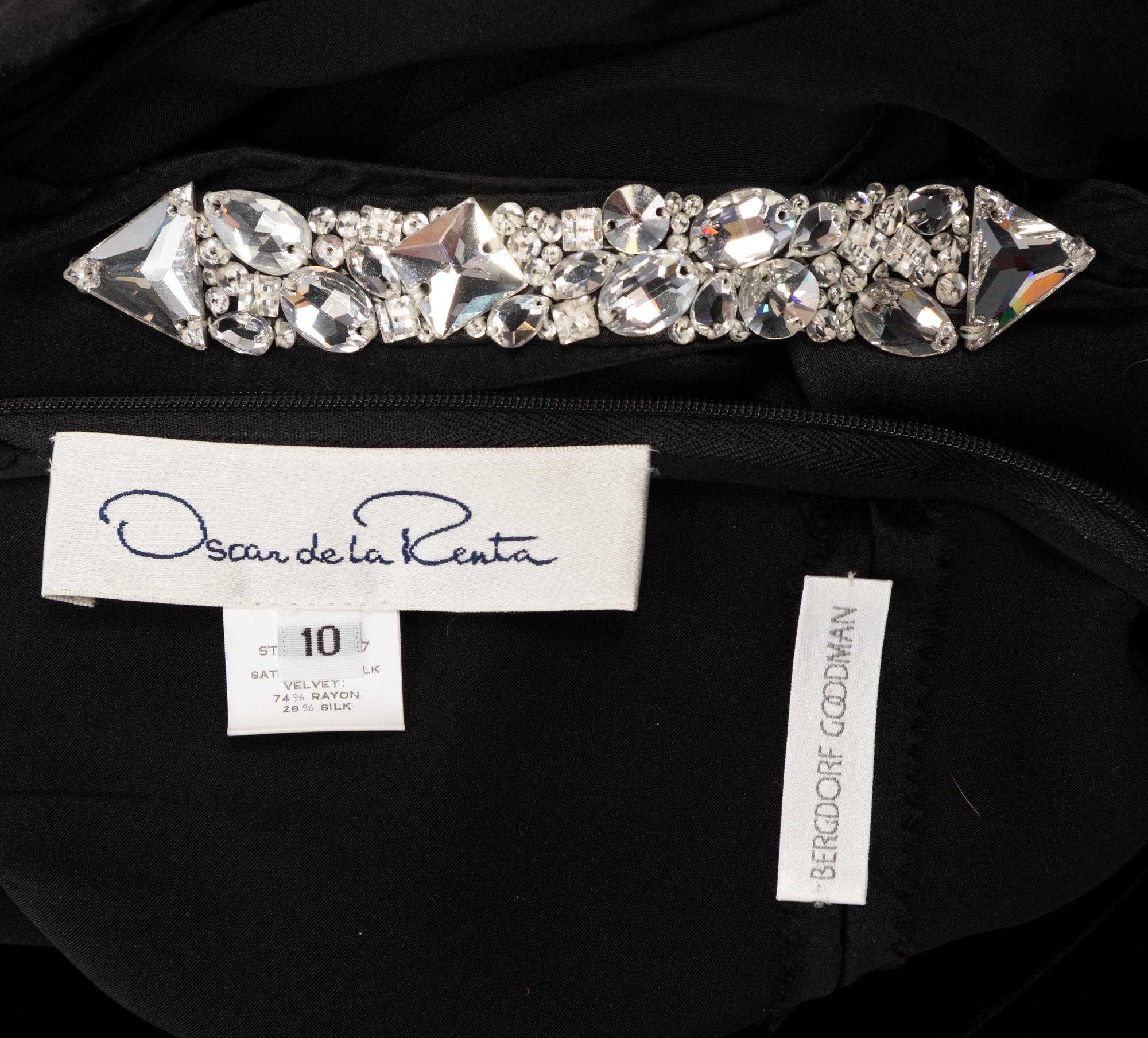 Oscar de la Renta Satin and Velvet Evening Dress with Rhinestone Straps