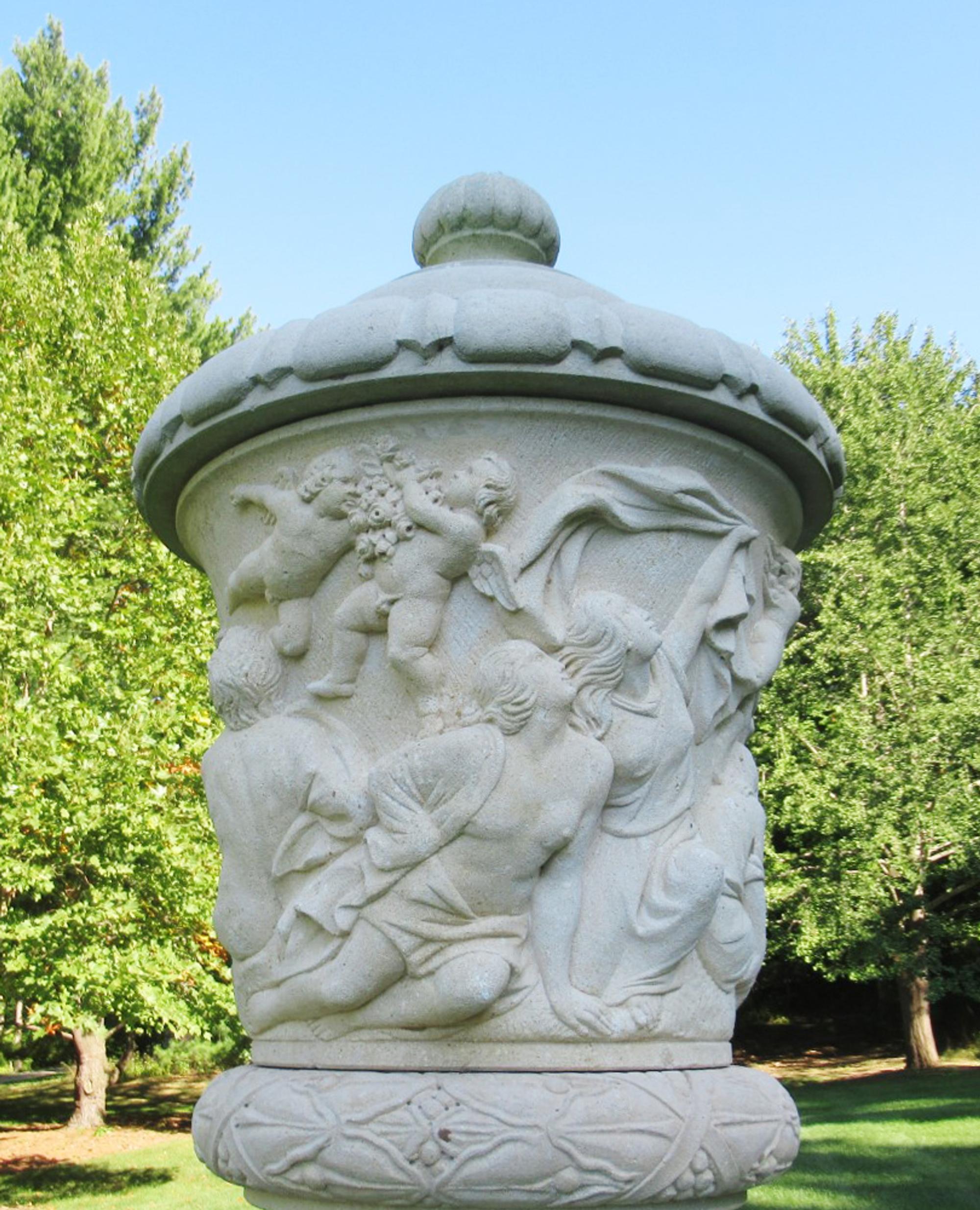 A Pair of Large Limestone Lidded Urns